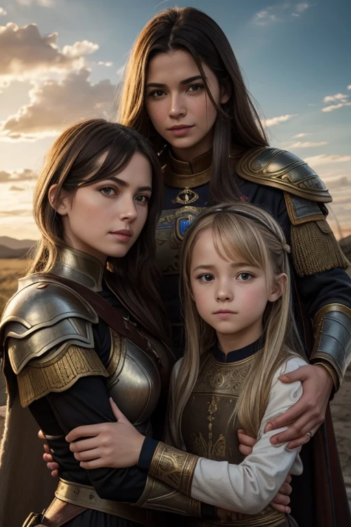 russian family, mom and daughters, mom with short hair, general, perfect face, roman armor, protect her daughter, daughter with long hair, lesbians intimacy