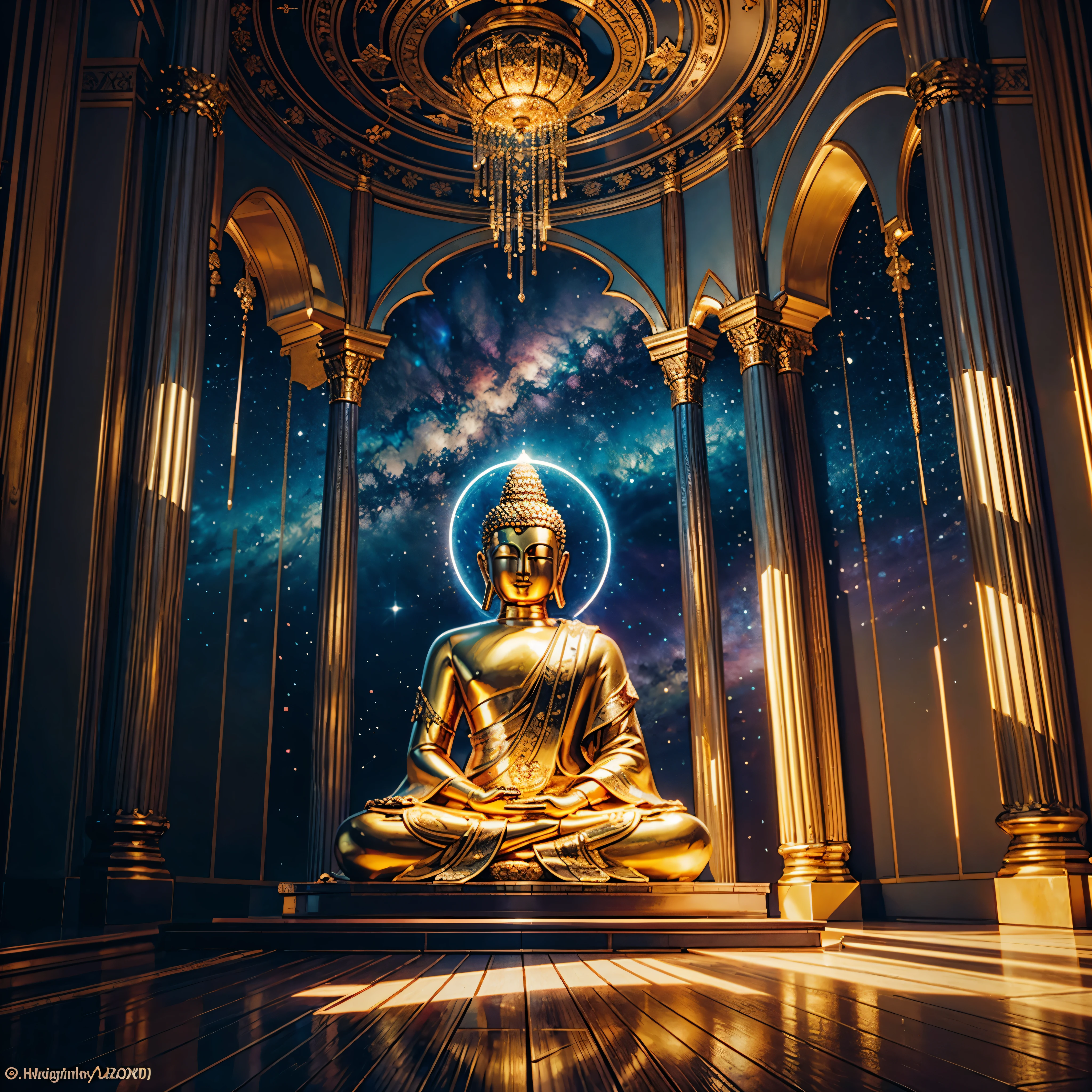 (Galaxy stars Nebula Spacious Sunrise evening_glow distant_view Sunset rich_colors colorful wide-angle_lens shooting_evening positive_film naturalistic_style),tmasterpiece, Best quality , 超高分辨率,In a quiet stupa,Reflection of faint morning light。A huge Buddha statue stands tall in the center of the hall,it becomes lifelike,Every detail has been meticulously crafted by the artist。Buddha statue solemnly sitting in lotus position,A divine aura surrounds them。rays of sunshine, Enter from the window above, Cast dappled light and shadow,The whole hall brightly lit,peace。 The Buddha statue solemn,Unique details make it look real and dynamic。Buddha's eyes were bright and shining,look capable, See through the difficulties in the world。Meticulous hand carving,Show off the texture of your fingertips and your calm posture,Exudes a sense of transcendent meditation。The golden robe shone softly under the light,it was, like the splendor of heaven。 A group of devout devotees gathered around the temple,They come with awe, Go to worship the Buddha statue,Kneel on the ground and meditate。Her figure was shrouded in a warm glow,The outline clearly visible。The walls of the hall are covered with colorful prayer flags,Sway gently with the wind,Give the whole room a sense of mystery、Majestic。optimal bright_color dappled_sunLight meticulously intricate ultra_high-details ultra_high-res hyper pro-Photo-realistic ultra_high-quality ultra_high-def UHD XT3 DSLR HDR Will-o'-the-wisp dazzling Symmetrical extreme improved Octane-rendered opengl-shaders glsl-shader romm rgb pbr shading 3DCG fxaa global illumination cgi vfx sfx fkaa txaa rtx ssao post-processing post-production cell-shading tone-mapping Ultra_sharpness focus accurate max saturate reflex analogique Vivid DSLR color-coded luminescence volumetric Cinematic_Sunrise lightning contrast incandescent Cristallines floraison zentangle fleuraison varied multi etc. --s 1000 --c 20 --q 20 --chaos 100