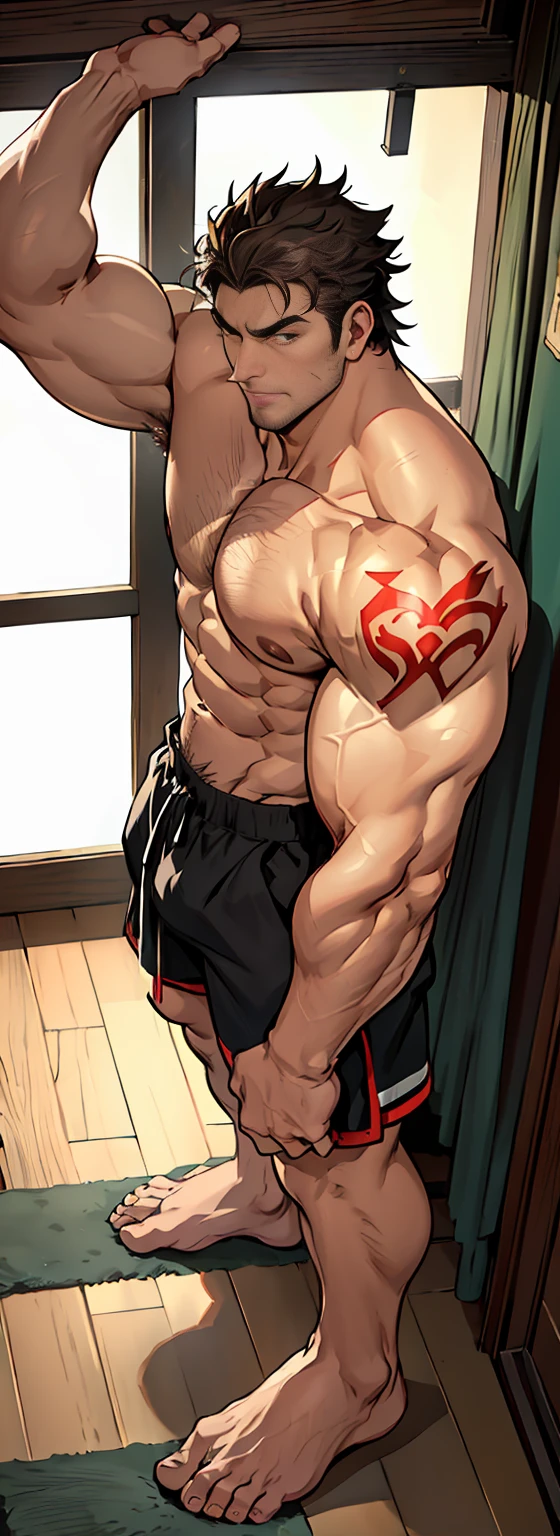 Super big feet,(shoeless),(Eight-pack abs),(shoeless),(Whole body),(Long leg hair),( With a green tattoo on his shoulder),(body hair thick),(Super big feet),show off thick arms to the audience,(shorts),(Giant arm),The background in an interior with vintage furniture and vintage wooden floor surroundinacropodia),(Long legottom-up view),(Side to audience) ,(Put his hands at his waist), (eyes looking at audience) ,(There a huge protuberance across the part),Side Body,Sense of evil,Sharp eyes,(Thick dark brown hair on crotch),closeup of arms,((The camera zooms in)),((The audience blocked by the protagonist in a corner and the perspective slightly lower.)),(Bottom-up view),(crotch),(Shoulders exposed),(Stout arms),Shoulders very broad,Muscles protrude a lot,Bulging crotch,(Long legs),Highest image quality,Anime ,anime wallpaper,Dilation of the pectoral muscles,Espalhe as pernas,sexy,(master part, best quality),((Exaggerated bulge of muscles)),The protagonist very tall and his head almost reaches the ceiling,Lush woods outside the window,musclebound and hulking, muscular characters, super buff and cool, tall and muscular, muscular!!, very buff, muscular attractive men, massive muscles, big muscle, Muscular men, anime handsome men, muscular!, gigachad muscles, muscular bodies, muscular character,