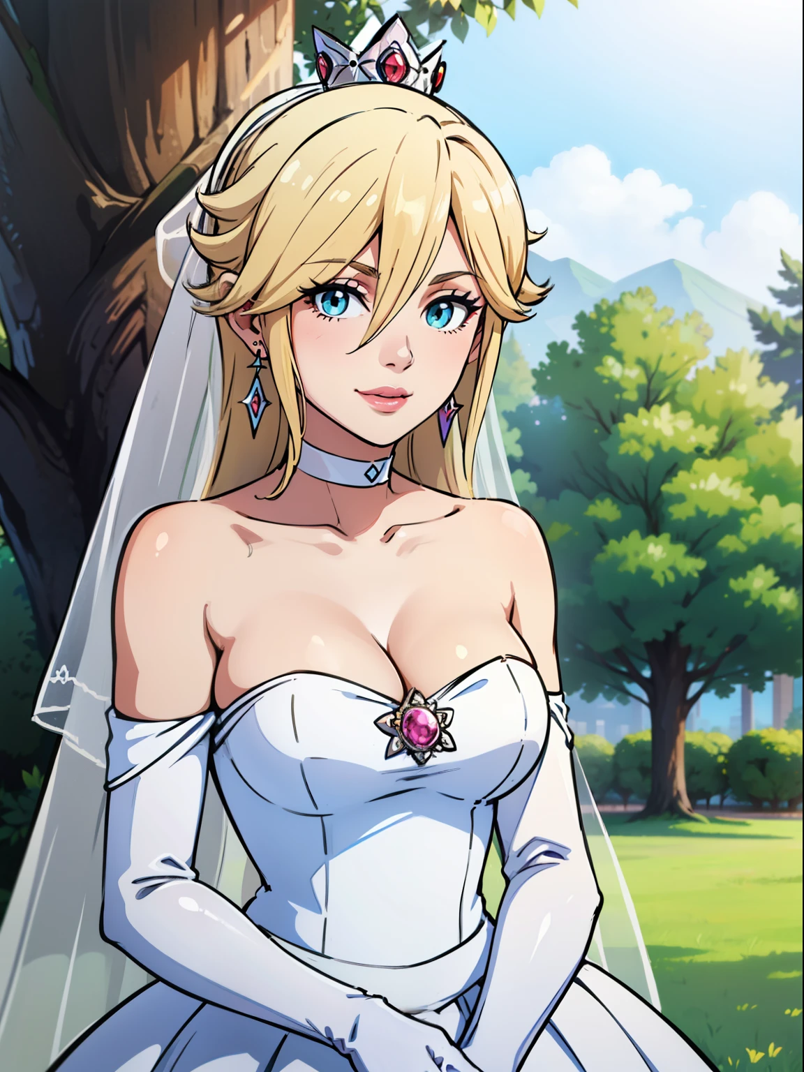 1girl, solo ,rosalina, crown,earrings ,lipstick, eye shadow, makeup, hair between eyes, ahoge, hair ornament, gloves, dress, cleavage, bare shoulders, collarbone, white oprea gloves, white gloves, white dress, strapless, white choker, tiara, veil, strapless dress, wedding dress, bridal veil, beautiful woman, perfect body, perfect breasts, wearing a wedding dress, ball gown, in the park trees, wedding decorations, looking at the viewer, smile, realism, masterpiece, textured skin, super detail, high detail, high quality, best quality, 1080p,
