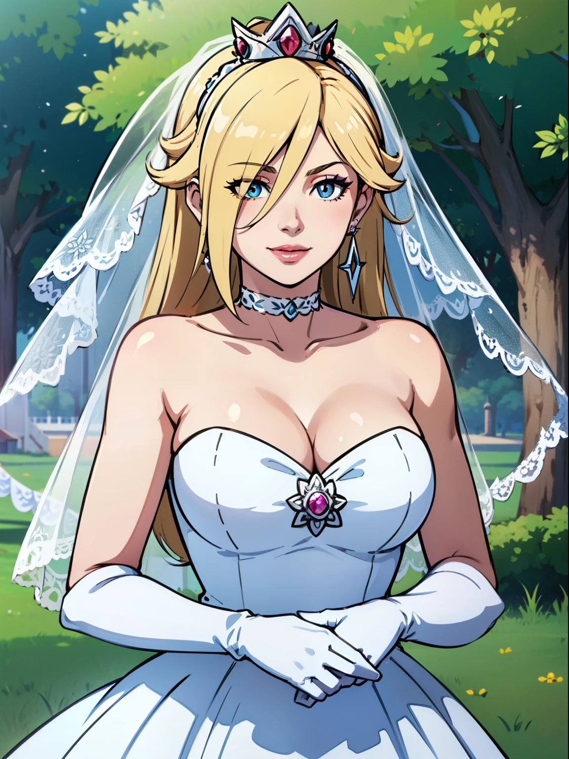 1girl, solo ,rosalina, crown,earrings ,lipstick, eye shadow, makeup, hair between eyes, ahoge, hair ornament, gloves, dress, cleavage, bare shoulders, collarbone, white oprea gloves, white gloves, white dress, strapless, white choker, tiara, veil, strapless dress, wedding dress, bridal veil, beautiful woman, perfect body, perfect breasts, wearing a wedding dress, ball gown, in the park trees, wedding decorations, looking at the viewer,  smile, realism, masterpiece, textured skin, super detail, high detail, high quality, best quality, 1080p,