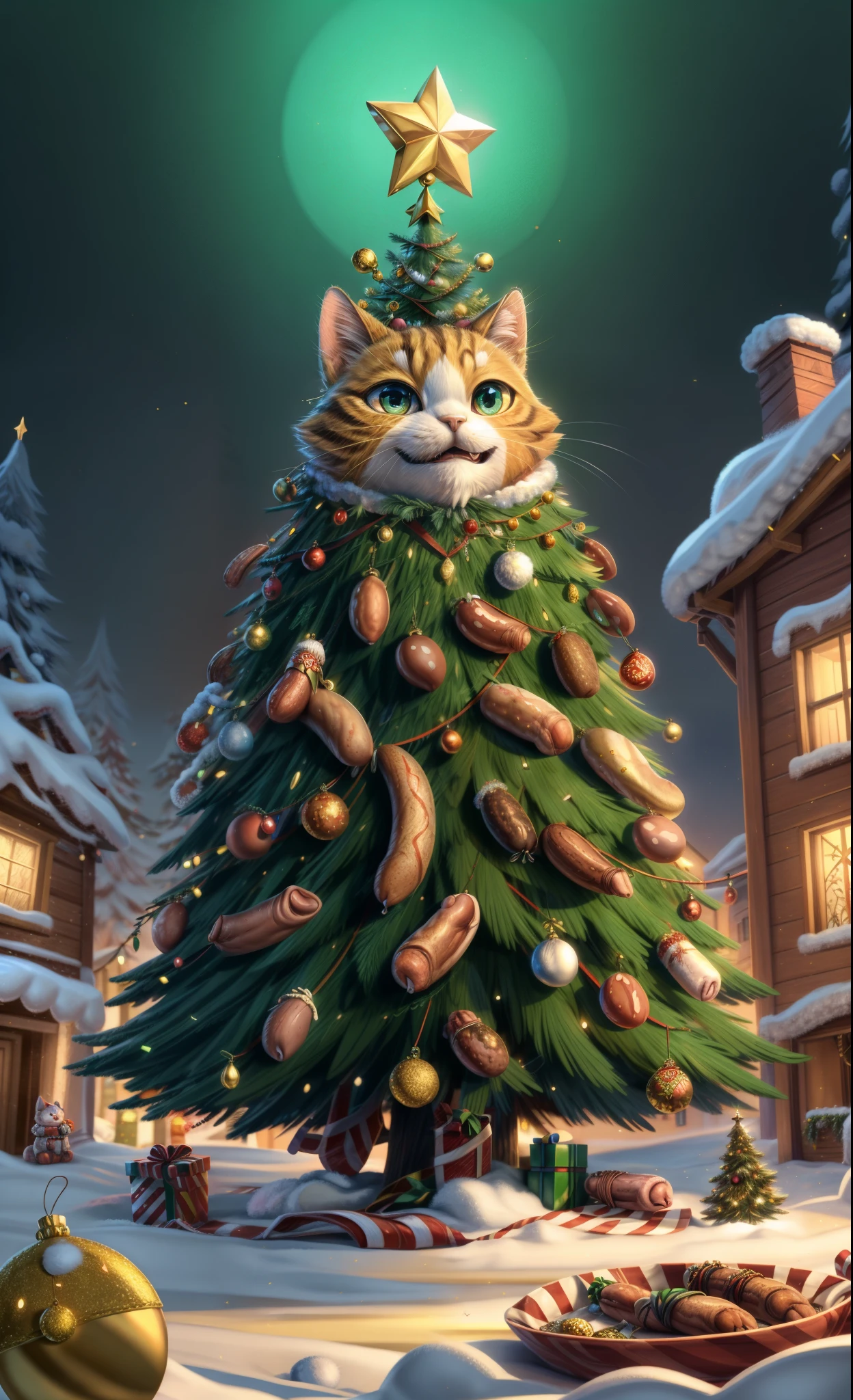 Spruce cat: A huge playful cat sits inside a dazzling Christmas tree. The Christmas tree is decorated ((sausage garlands)), creating a unique and whimsical charm. A shimmering star-shaped decoration is carefully placed on the top of the cat&#39;s head., making him the center of attention. The cat&#39;s eyes sparkle with curiosity and joy, as he playfully explores the decorations on the tree. The street is filled with warm golden light, casting a soft light on the cat&#39;s fur and surrounding decorations. The scene is filmed with the best quality, capturing every small detail and creating a vivid and realistic image. The art style is a delightful combination of holiday spirit and adorable feline charm. The color palette is bright and colorful, with rich shades of red, green and gold, which creates a joyful and festive atmosphere. The lighting is carefully thought out, to emphasize the warmth and comfort of the New Year holiday, Creating a magical atmosphere.