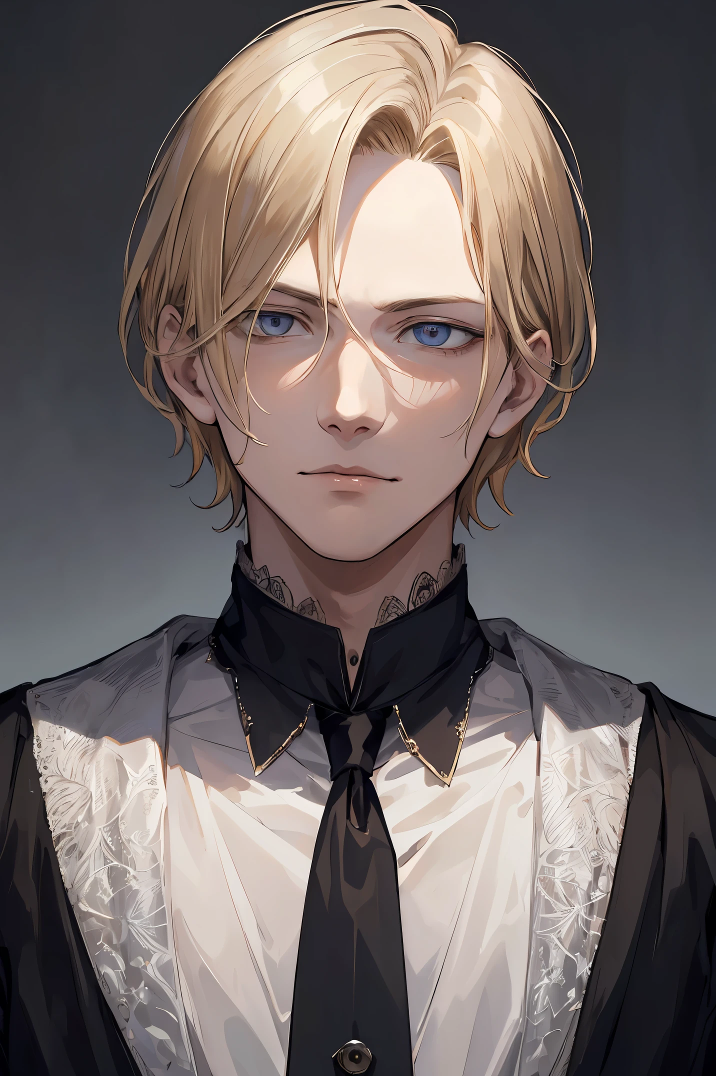 masterpiece, dark night, boy, johan liebert, wavy blonde hair, short hair, 20 years, Grim Smile, villain, narrowed eyes, very detailed beautiful face and eyes, portrait, shirt