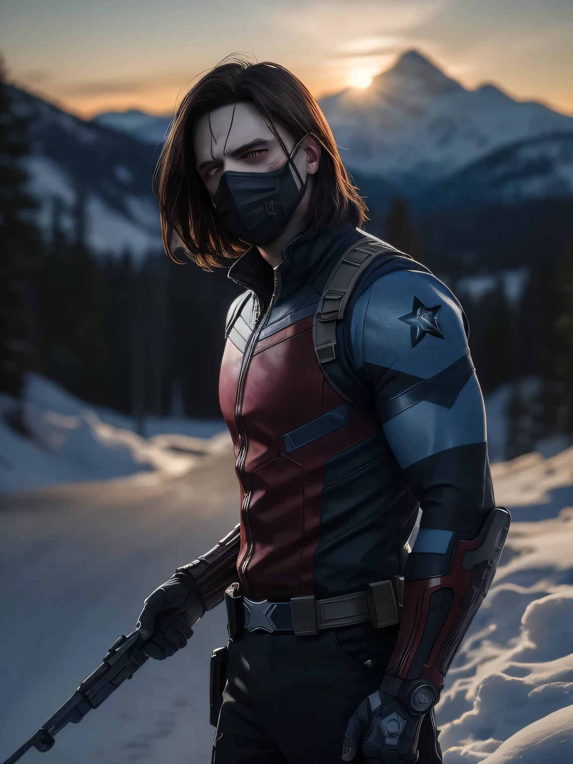 Winter Soldier with a metal arm and a mask on his face, Bucky Barnes, ((cinematic quality)), snow-capped mountains in the background, detailed background, Highest quality, masterpiece, Beautiful face, red star on shoulder