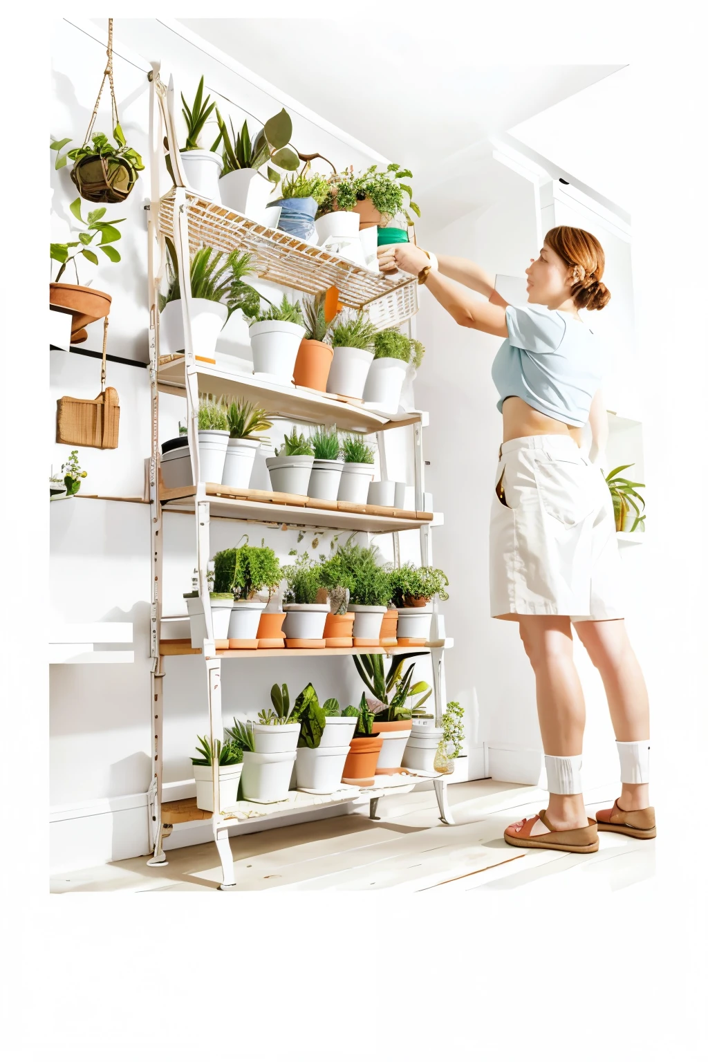 White shelves filled with potted plants，Woman sorting goods，real photos，super real
