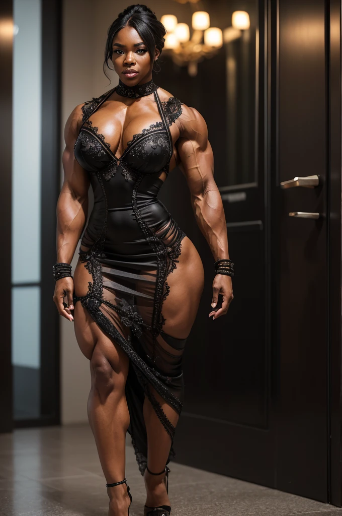 A black woman who is a bodybuilder. She is wearing long evening dress with gloves in high heels stilettos holding a small bag, walking out of the hotel front door, (masterpiece:1.2) (photorealistic:1.2) (best quality) (intricate details) (8K) (high poly) (ray tracing), (sharp focus), (natural skin textures), ((full body shot)),