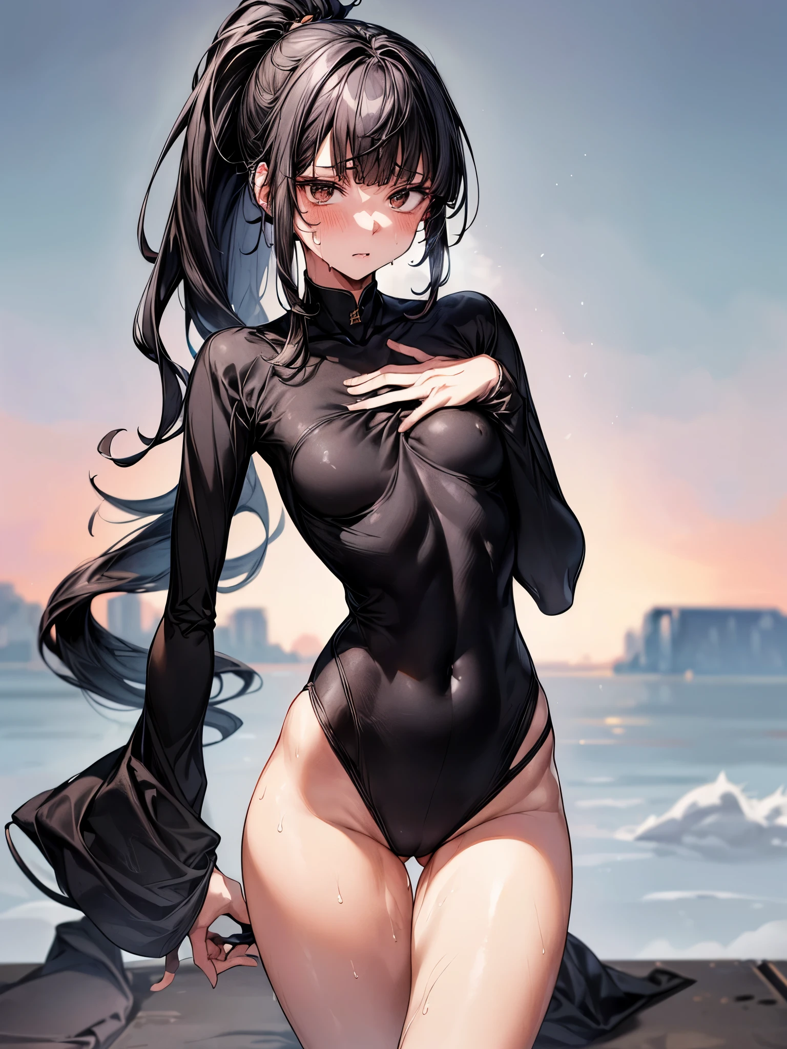(Official art、Best Quality、Unity 8k Wallpapers、32K,masterpiece Best Quality, absurderes, Perfect Anatomy:1.5, Unity 8k Wallpapers,best cell anime), Detailed beautiful face and eyes,shoot from front,cowboy shot,(1woman,solo),18歳の美女、日本人、black hair,ponytail:1.2,long hair:1.2,blunt bangs,black eyes,恥ずかしげな表情,((小さい頭:1.5、skinny,medium breasts)),(((sweat:1.5))),((黒色の和服:1.5,black thighs:1.5,thigh_gap:1.5)),kneeling,和室:1.3,大正時代の日本、