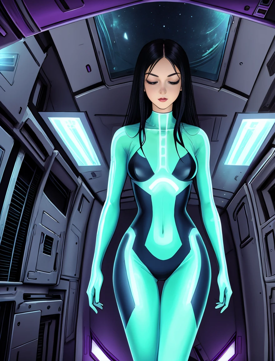 2d anorexic cartoon woman, she has a long neck, she has long black hair.mature. she wears a purple v-neck skin tight body suit. She inside a stasis pod capsule in space. She asleep with her eyes closed