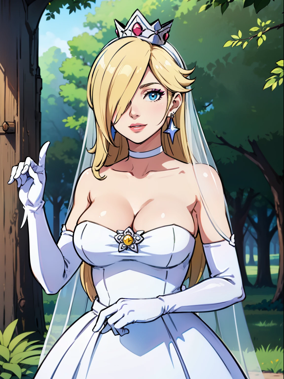 1girl, solo ,rosalina, crown,earrings ,lipstick, eye shadow, makeup, hair between eyes, ahoge, hair ornament, gloves, dress, cleavage, bare shoulders, collarbone, white oprea gloves, white gloves, white dress, strapless, white choker, tiara, veil, strapless dress, wedding dress, bridal veil, beautiful woman, perfect body, perfect breasts, wearing a wedding dress, ball gown, in the park trees, wedding decorations, looking at the viewer,  smile, realism, masterpiece, textured skin, super detail, high detail, high quality, best quality, 1080p,