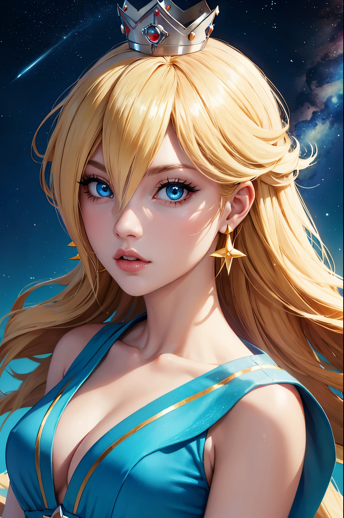 (face portrait),(masterpiece), best quality, expressive eyes, perfect face, highres, 1 girl, solo, rosalina, blonde hair, blue eyes, hair over one eye, long hair, blue dress, crown, dress, earrings, jewelry, princess, robe, bare shoulders, star earrings, space, starry background, glowing particles, good illumination, upper body portrait, looking at the viewer, from frontal