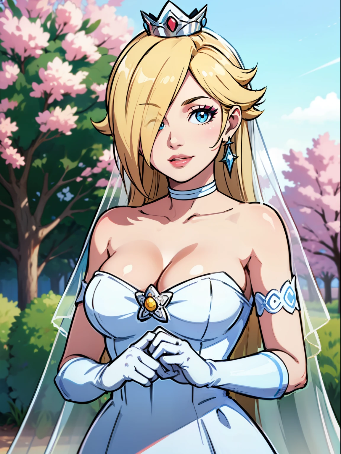 1girl, solo ,rosalina, crown,earrings ,lipstick, eye shadow, makeup, hair between eyes, ahoge, hair ornament, gloves, dress, cleavage, bare shoulders, collarbone, white oprea gloves, white gloves, white dress, strapless, white choker, tiara, veil, strapless dress, wedding dress, bridal veil, beautiful woman, perfect body, perfect breasts, wearing a wedding dress, ball gown, in the park trees, wedding decorations, looking at the viewer,  smile, realism, masterpiece, textured skin, super detail, high detail, high quality, best quality, 1080p,