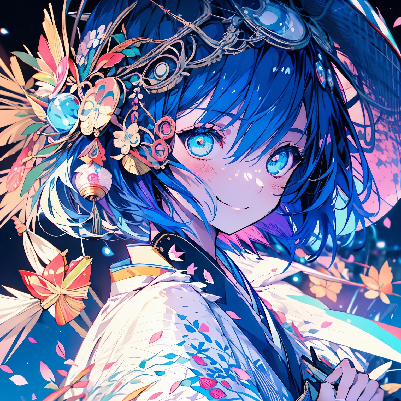 (((delicate eyes)))、(((zoom)))、smile、anime girl, short hair, 可愛いanime girl、rainbow colored hair,hair ornaments、kimono、smile、fractal art、Gwythe、Japanese umbrella