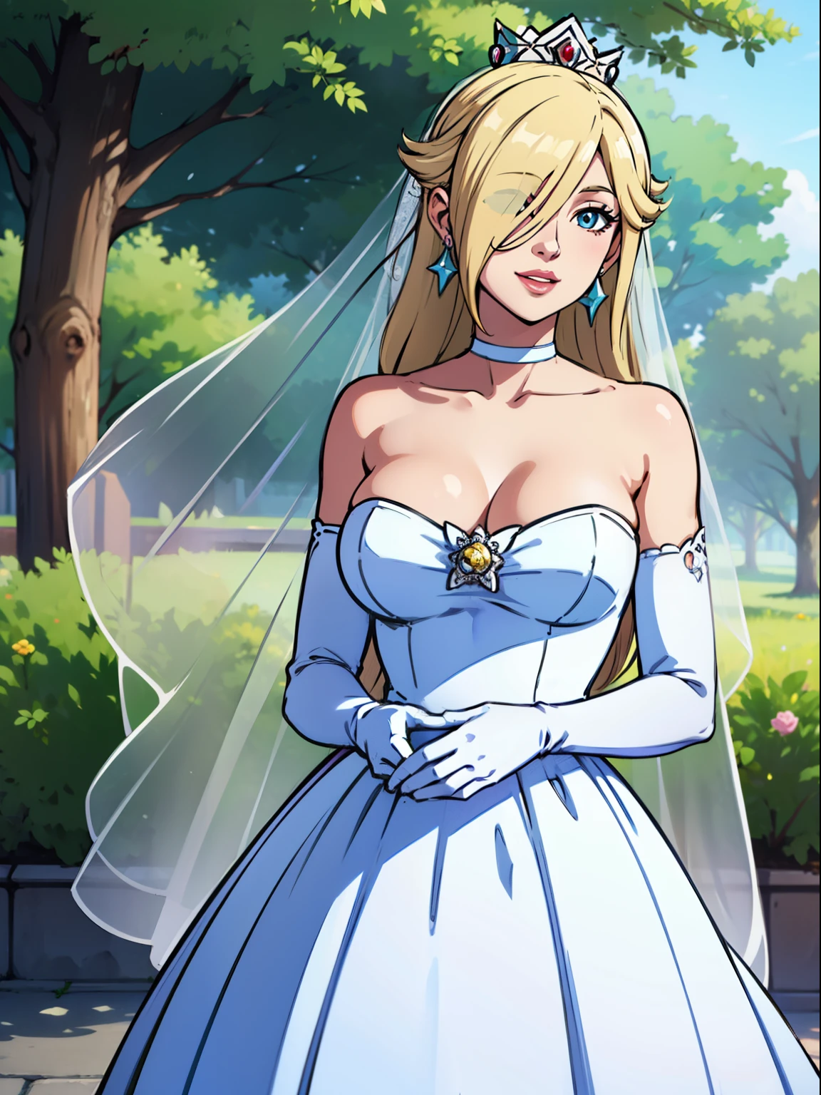 1girl, solo ,rosalina, crown,earrings ,lipstick, eye shadow, makeup, hair between eyes, ahoge, hair ornament, gloves, dress, cleavage, bare shoulders, collarbone, white oprea gloves, white gloves, white dress, strapless, white choker, tiara, veil, strapless dress, wedding dress, bridal veil, beautiful woman, perfect body, perfect breasts, wearing a wedding dress, ball gown, in the park trees, wedding decorations, looking at the viewer,  smile, realism, masterpiece, textured skin, super detail, high detail, high quality, best quality, 1080p,