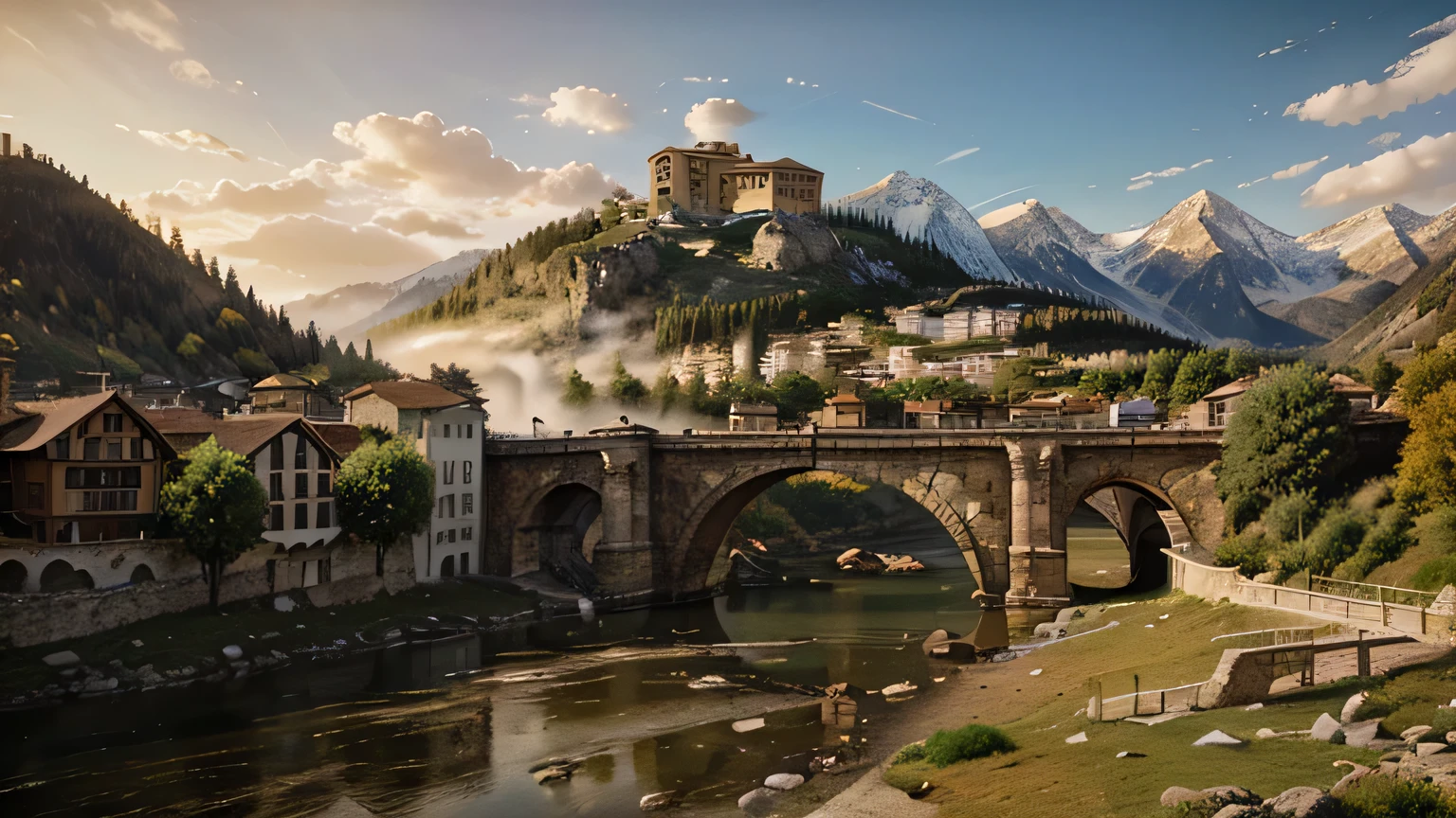 masterpiece, highest quality, Realistic photo of a small town in the mountains, In the style of an epic fantasy scene, Roman art and architecture, terragen, Golden Light, romantic river scenery, neogeo, Arched doorway