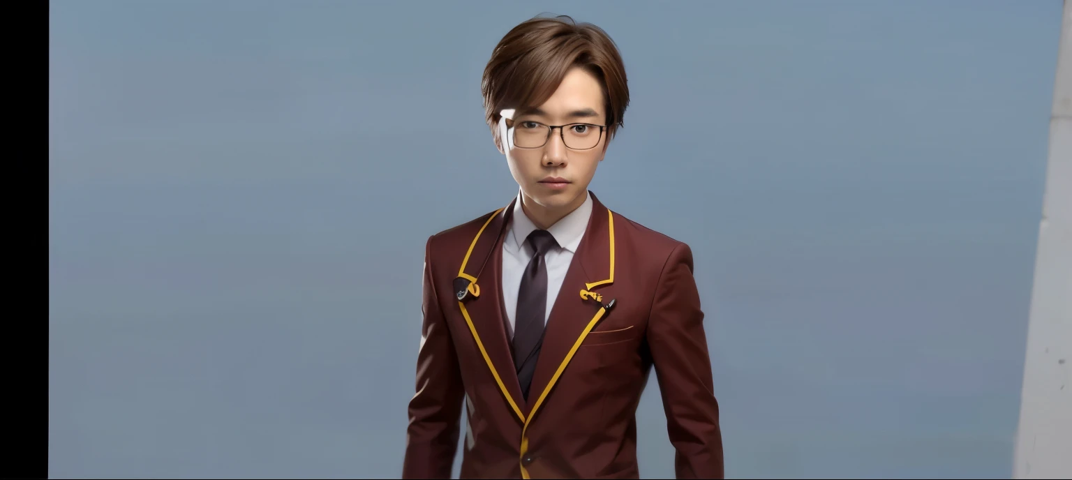 Japanese man, light brown hair, wearing glasses, school uniform