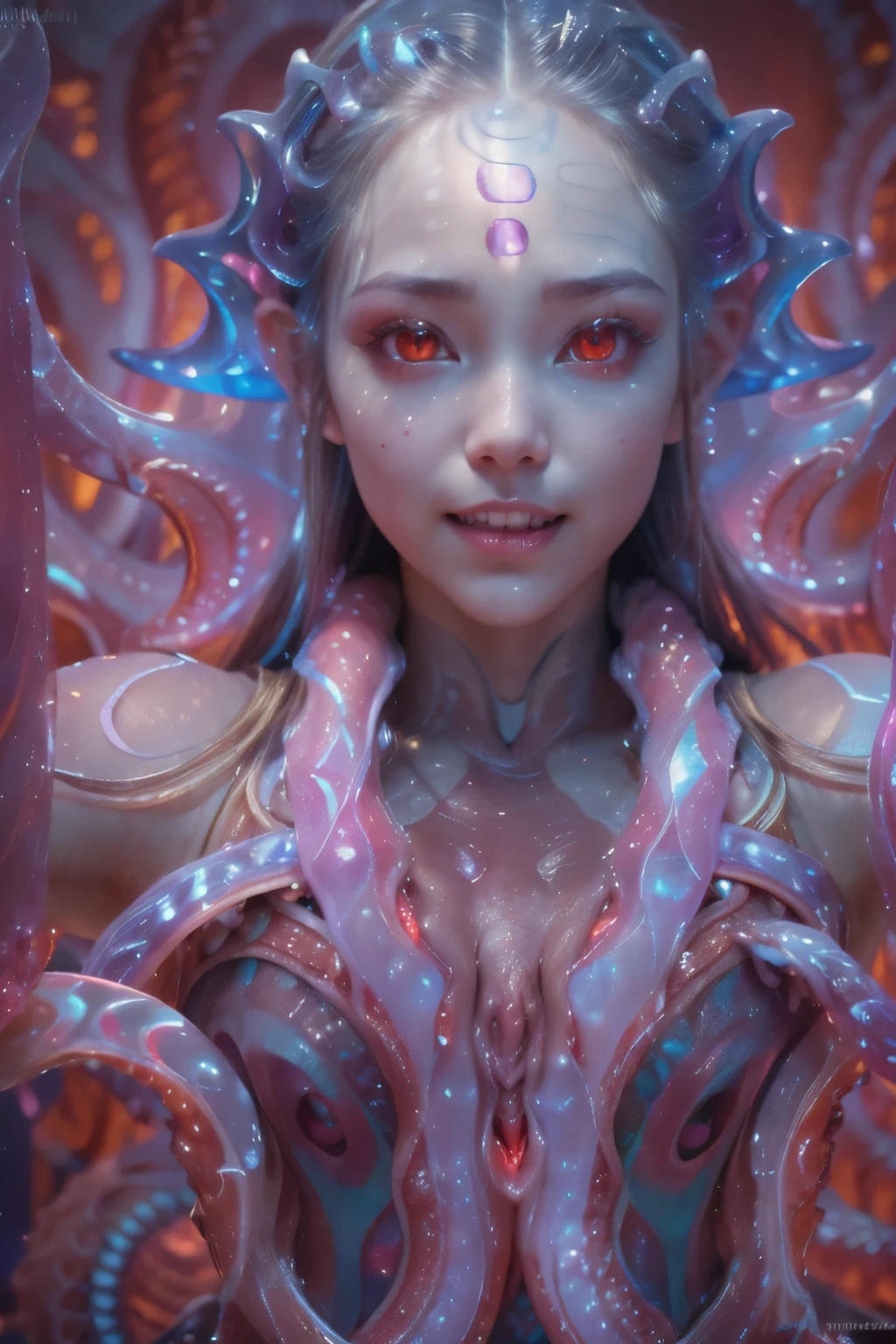 scary and sexy detailed art in color, Portrait, (beautiful and obscene female alien:1.4), (vulgarity1.5), (she has glowing red eyes with no pupils:1.8), (Translucent skin:1.7), ((There is a female genital-like organ in the middle of the forehead:1.9)), (The most beautiful face in the history of the universe:1.2),an evil gaze that seduces, (large mouth:1.1), (sharp teeth like a vampire:1.2), Full body portrait, (bio luminescent:1.5), (Smile wickedly:1.3), (sexypose:1.5), incredibly beautiful alien, (she has unparalleled beauty:1.5), No humans, cells are fused, (Lots of translucent tentacles:1.6) extraterrestrial, cell, bio image, best quality, 8K,In 4K_quality, High freshness, Dramatic Lighting, masterpiece:1.5, cinematic quality, detail up, (exquisite details:1.2), high resolution, High freshness, drawing faithfully, (Thick eyebrows:1.2), Beautiful eyes with fine symmetry, (Highly detailed face and eyes:1.2), (Super detailed skin quality feeling:1.1), perfect anatomy, (Beautiful toned body:1.5), (Moist skin:1.2), not wearing makeup, (dark circles:1.1), long canines, cinematic drawing of characters, ultra high quality model, cinematic quality, detail up, (exquisite details:1.2), high resolution, High freshness, drawing faithfully, official art, Unity 8K Wall , 8K Portrait, best quality, Very high resolution, ultra detailed artistic photography, midnight aura, unreal engine 5, Ultra Sharp Focus, art by Amano Yoshitaka, ArtGerm, Roisch, intricate artwork, best quality, masterpiece, ultra high resolution, (photos realistic:1.4), ultra realistic realism, dream-like, nautilus, Creation of fantasy, Snail, Dream Snail, (biopunk nautilus:1.3),Thrilling color schemes, ultra realistic realism, seductively smiling, (white tentacles with blue stripes:1.4), subtle emerald accents, (expression of ecstasy:1.6)