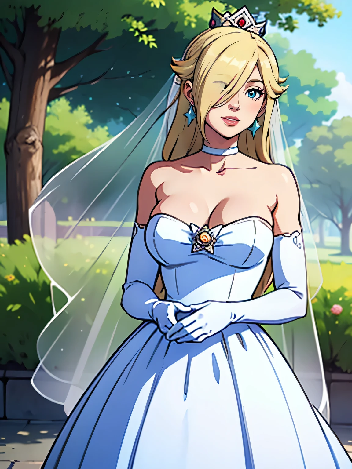 1girl, solo ,rosalina, crown,earrings ,lipstick, eye shadow, makeup, hair between eyes, ahoge, hair ornament, gloves, dress, cleavage, bare shoulders, collarbone, white oprea gloves, white gloves, white dress, strapless, white choker, tiara, veil, strapless dress, wedding dress, bridal veil, beautiful woman, perfect body, perfect breasts, wearing a wedding dress, ball gown, in the park trees, wedding decorations, looking at the viewer, smile, realism, masterpiece, textured skin, super detail, high detail, high quality, best quality, 1080p,