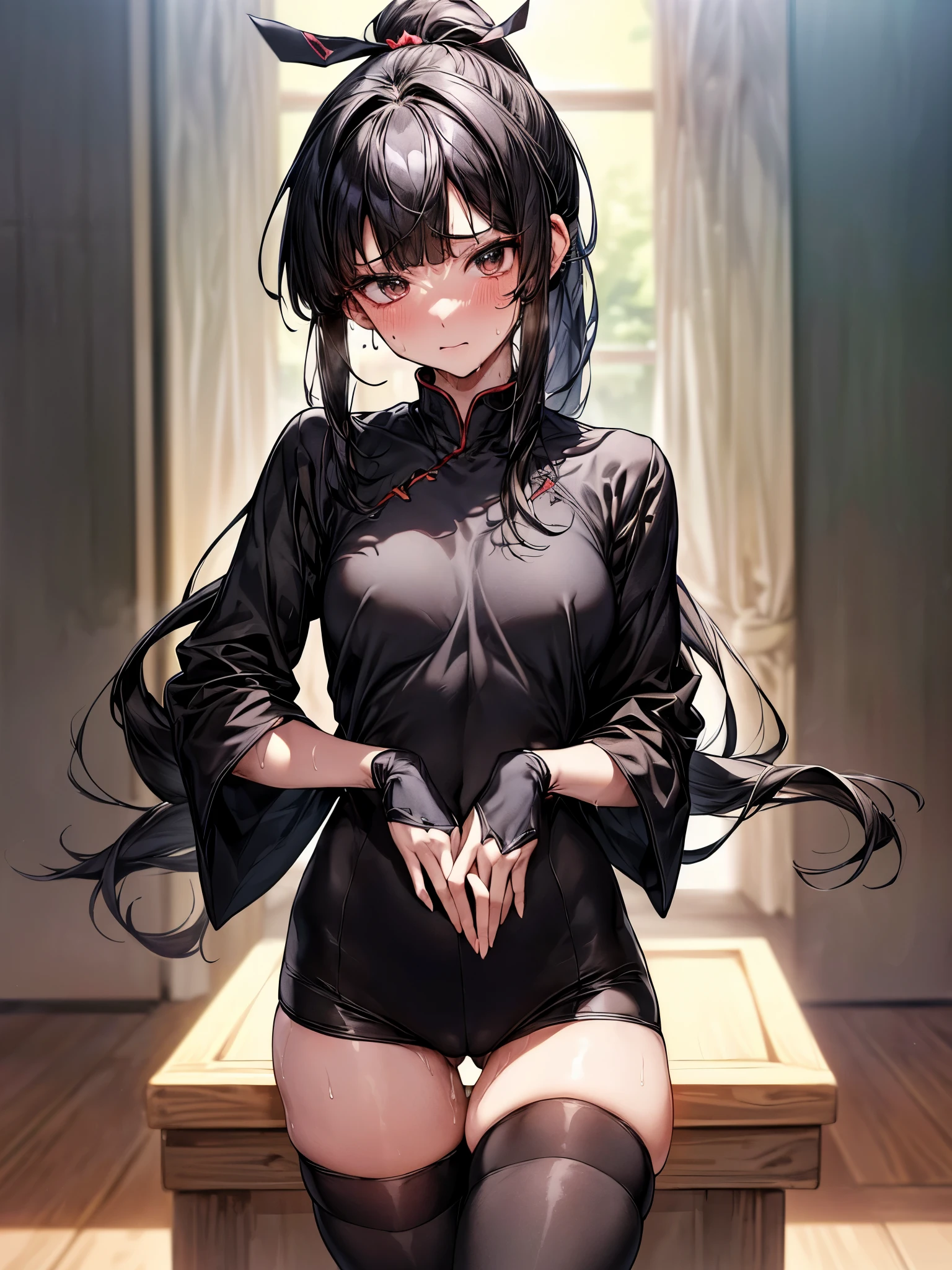 (Official art、Best Quality、Unity 8k Wallpapers、32K,masterpiece Best Quality, absurderes, Perfect Anatomy:1.5, Unity 8k Wallpapers,best cell anime), Detailed beautiful face and eyes,shoot from front,cowboy shot,(1woman,solo),18歳の美女、日本人、black hair,ponytail:1.2,long hair:1.2,blunt bangs,black eyes,恥ずかしげな表情,((小さい頭:1.5、skinny,medium breasts)),(((sweat:1.5))),((黒色の和服:1.5,black_thighhighs:1.5,thigh_gap:1.5)),kneeling,和室:1.3,大正時代の日本、