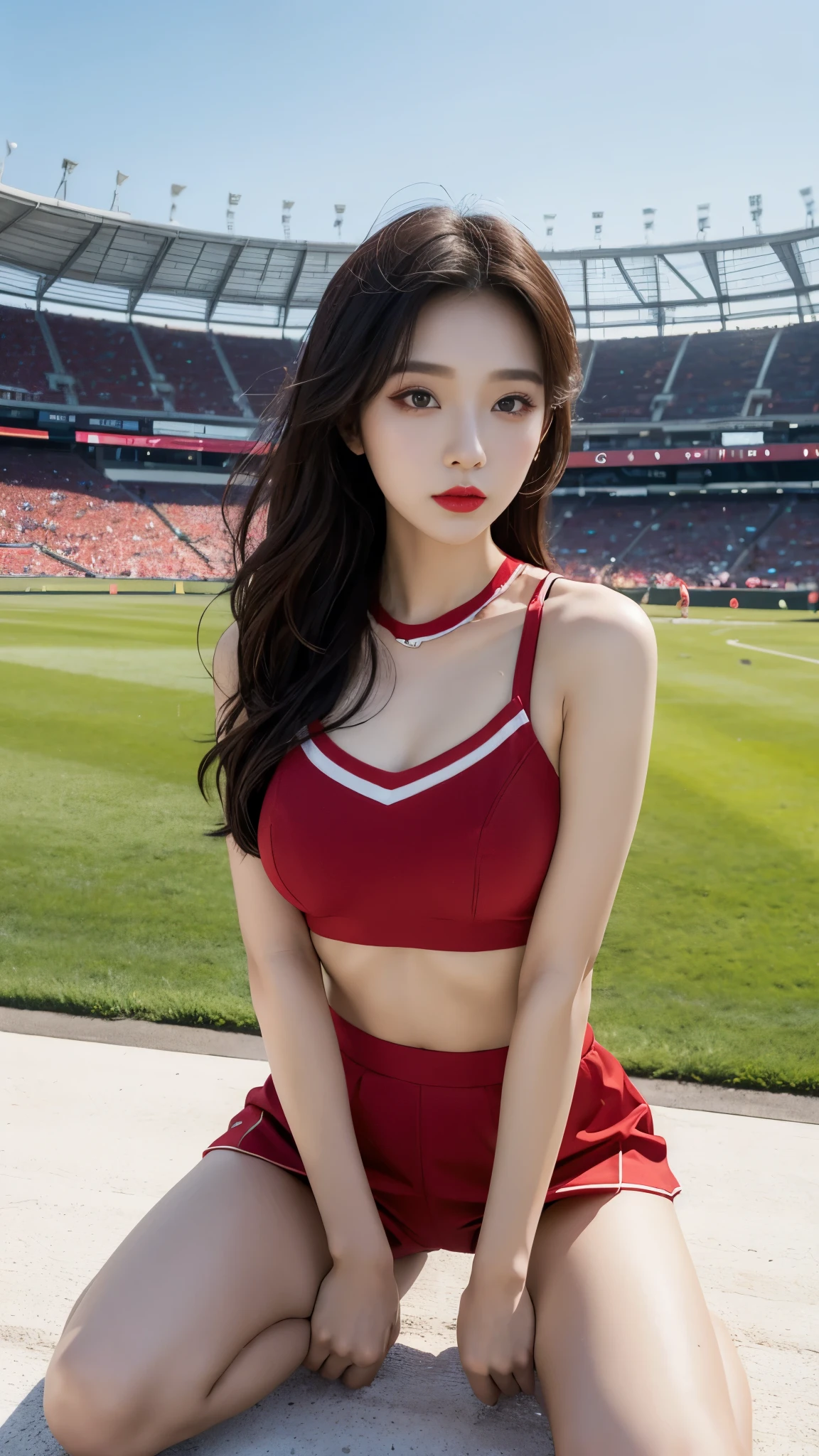 Beautiful girl, Korean makeup, Red lips, medium body, medium chest, femoral, cheerleader outfit, cổ vũ position, stadium landscape