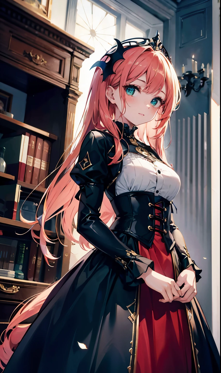 Masterpiece, detailed art, a beautiful female vampire with long red wavy hair, green eyes, freckles, white face, large breasts, childlike waist, wearing an elegant gothic outfit fit for an ancient vampire,  female vampire, Dutch angle