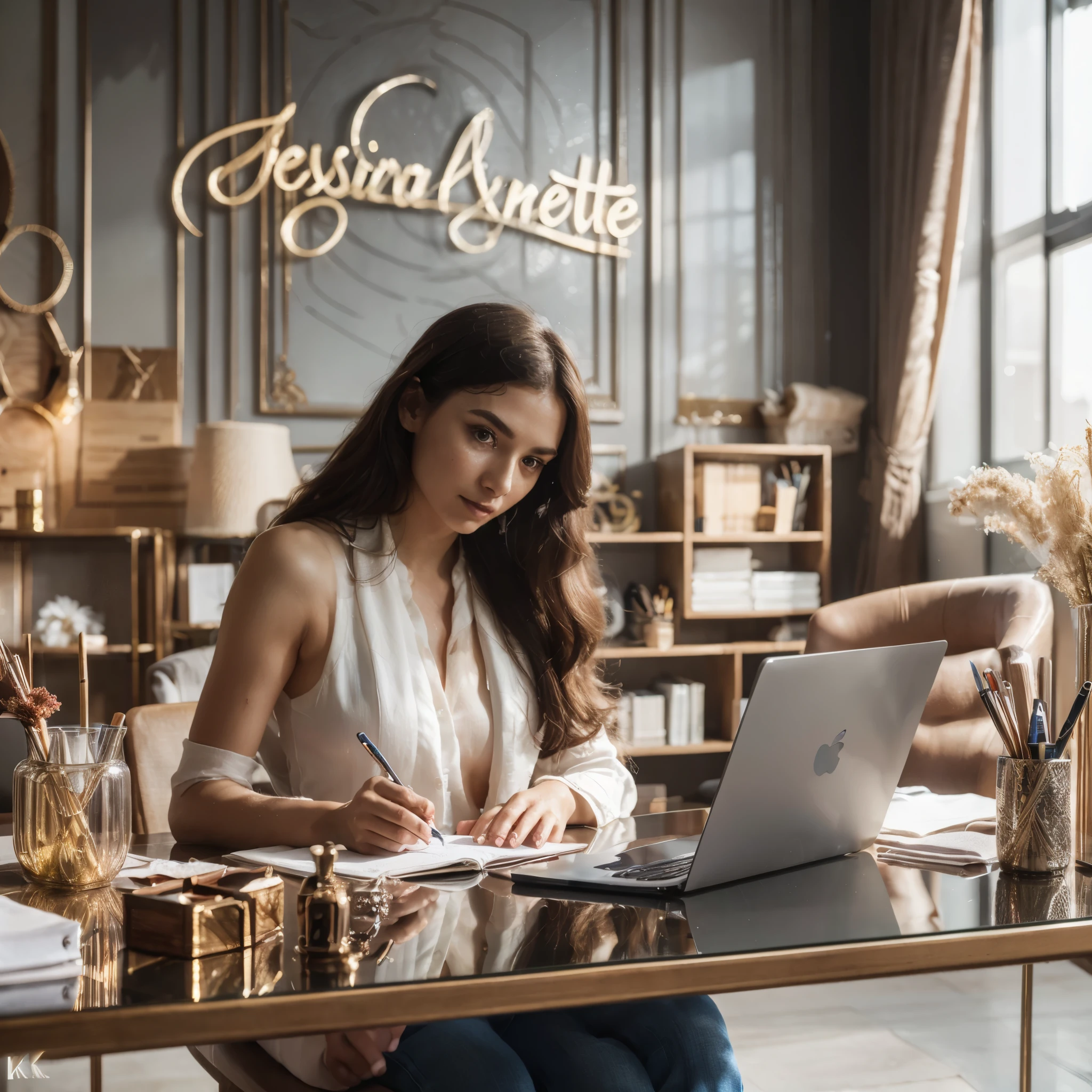 a woman is writing in a luxurious work room, with a work desk in front of her, laptop and other writing equipment, the background of the luxurious work room says Jessica Anette, realistic detail,
 masterpiece, best quality:1.2),(8k,highres,RAW photo,realistic,photo-realistic:1.3),(detailed skin texture,detailed cloth texture,beautiful detailed face:1.25),professional lighting,photon mapping,beautiful soft light,radiosity,physically-based rendering,model shoot style, model shoot style, (extremely detailed CG unity 8k wallpaper), full shot body photo of the most beautiful artwork in the world, complex 3d render ultra detailed, looking at viewer, 18 yo, real human skin, vibrant details, hyperrealistic, beautiful, octane render, an extremely delicate and beautiful, extremely detailed ,CG ,unity ,wallpaper,Amazing, finely detail,official art,extreme detailed eyes, (perfect face), shiny skin, colorful, highest detailed, vibrant colors, ultra high res, (high contrast), intricate, lens flare