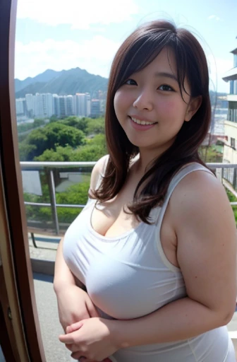using a GoPro camera、500 pounds super obese cute Hong Kong girl photo, Plain underwear, daytime, Japanese countryside hotel,You can see the residential area from the window, smile, sharp face, soft lighting,