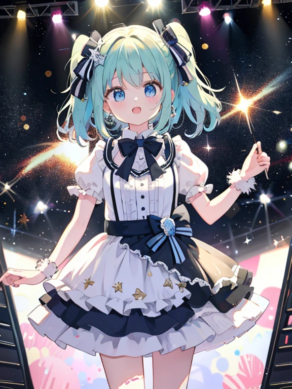 multiple girls、cute、idol group、stage、masterpiece、highest quality、best image quality、ribbon、frills