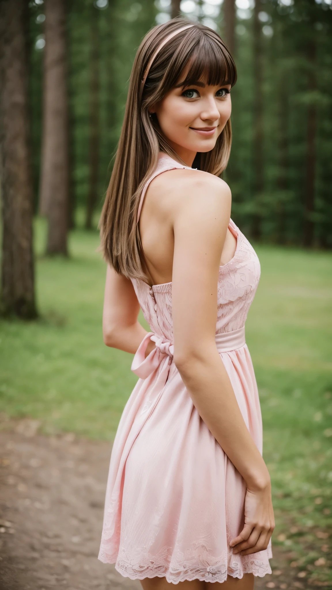 realistic body shot photo of a finnish smiling woman walking in front of the camera with wearing a pink princess dress. outdoor party. Bangs hait. glamour photoshoot, perfect butt, beautiful face, perfect anatomy, fit girl, looking into the camera, walking towards the camera:1.2, strong hip:1.2, wide hip:1.3, 25 yo woman. (Eye makeup:1.1), (highly detailed skin:1.1), RAW, analog style, sharp focus, 8k UHD, DSLR, high quality, Fujifilm XT3, grain, award winning, masterpiece.