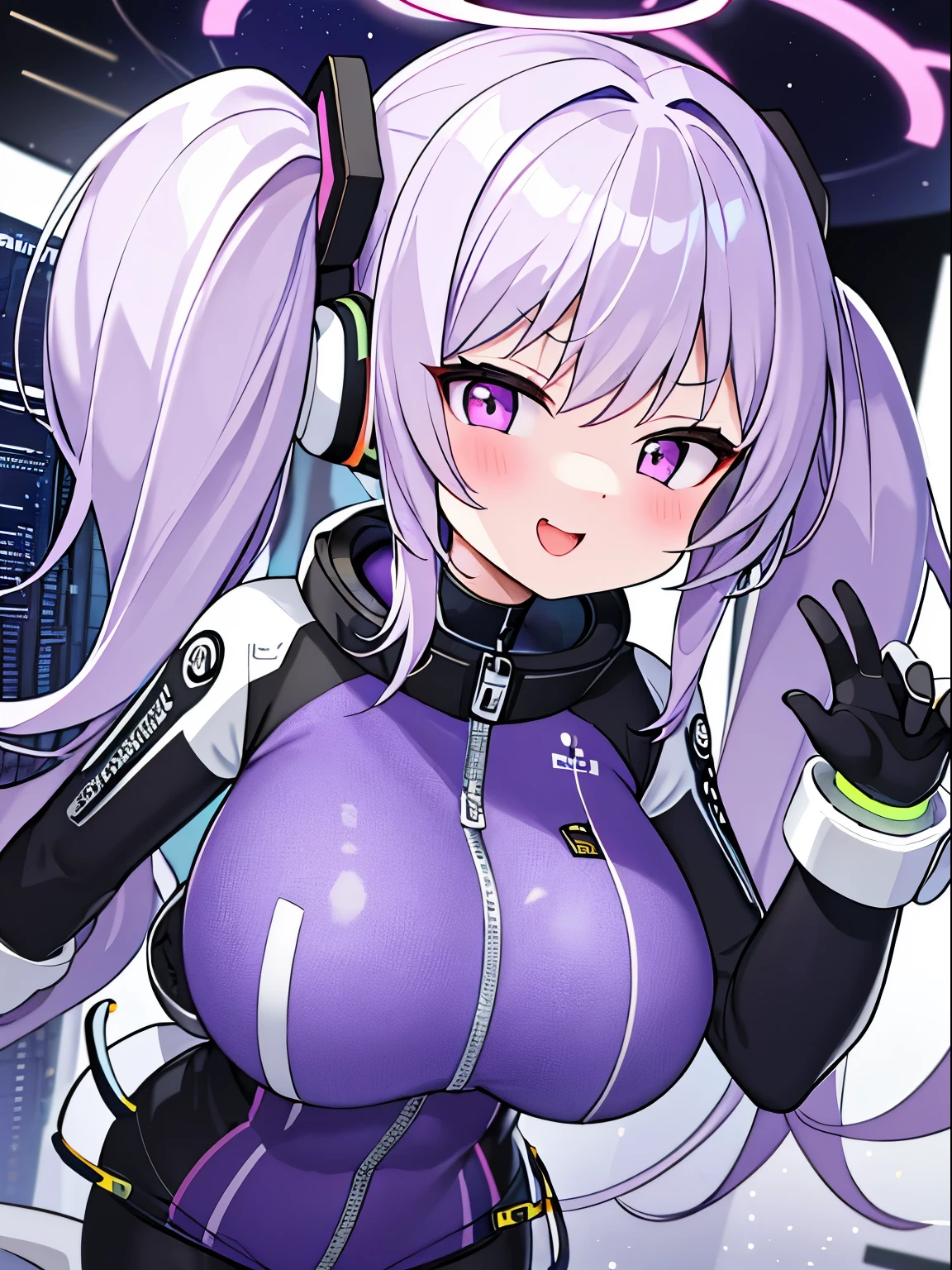 very detailed、masterpiece、high quality、one high school girl、************、****、(black and white space suit、accent)、front zipper、(Futuristic, Tight Fit Bodysuit)、headphone、Cyberpunk space station interior background、(colorful purple hair),ロングtwin tails, (pink eyes), change,twin tails,sassy change，cheey change，mesugaki,girl,天才girl、(big breast):1.0,(blush):1.1、halo、