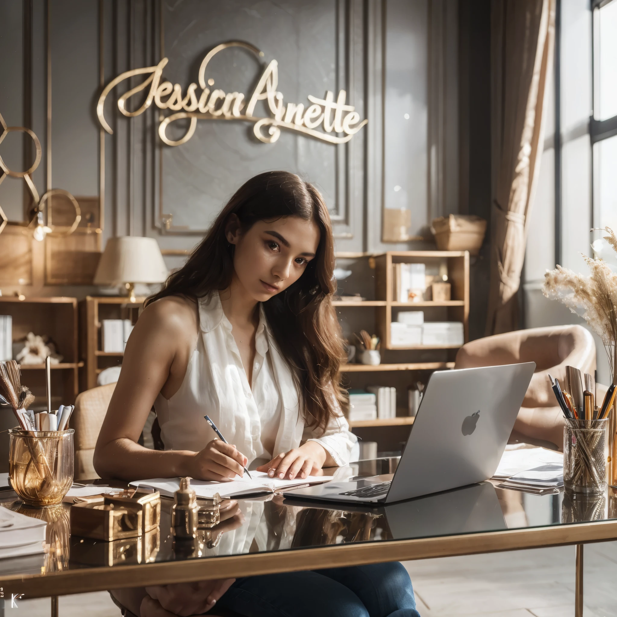 a woman is writing in a luxurious work room, with a work desk in front of her, laptop and other writing equipment, the background of the luxurious work room says Jessica Anette, realistic detail,
 masterpiece, best quality:1.2),(8k,highres,RAW photo,realistic,photo-realistic:1.3),(detailed skin texture,detailed cloth texture,beautiful detailed face:1.25),professional lighting,photon mapping,beautiful soft light,radiosity,physically-based rendering,model shoot style, model shoot style, (extremely detailed CG unity 8k wallpaper), full shot body photo of the most beautiful artwork in the world, complex 3d render ultra detailed, looking at viewer, 18 yo, real human skin, vibrant details, hyperrealistic, beautiful, octane render, an extremely delicate and beautiful, extremely detailed ,CG ,unity ,wallpaper,Amazing, finely detail,official art,extreme detailed eyes, (perfect face), shiny skin, colorful, highest detailed, vibrant colors, ultra high res, (high contrast), intricate, lens flare