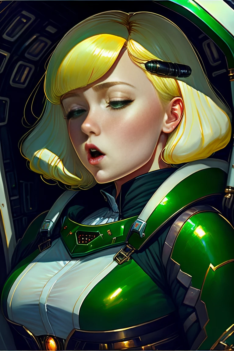 Oil painted slightly chubby white woman. Her face  also slightly chubby. She  inside a sci-fi  capsule coffin.. She  wearing a dark green body suit.. She has short blonde hair. . She  asleep. She has her mouth open breathing heavily. She  on the verge of death. Glass  covering her capsule. Full body view