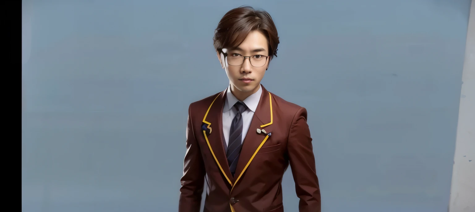 Japanese man, light brown hair, wearing glasses, school uniform