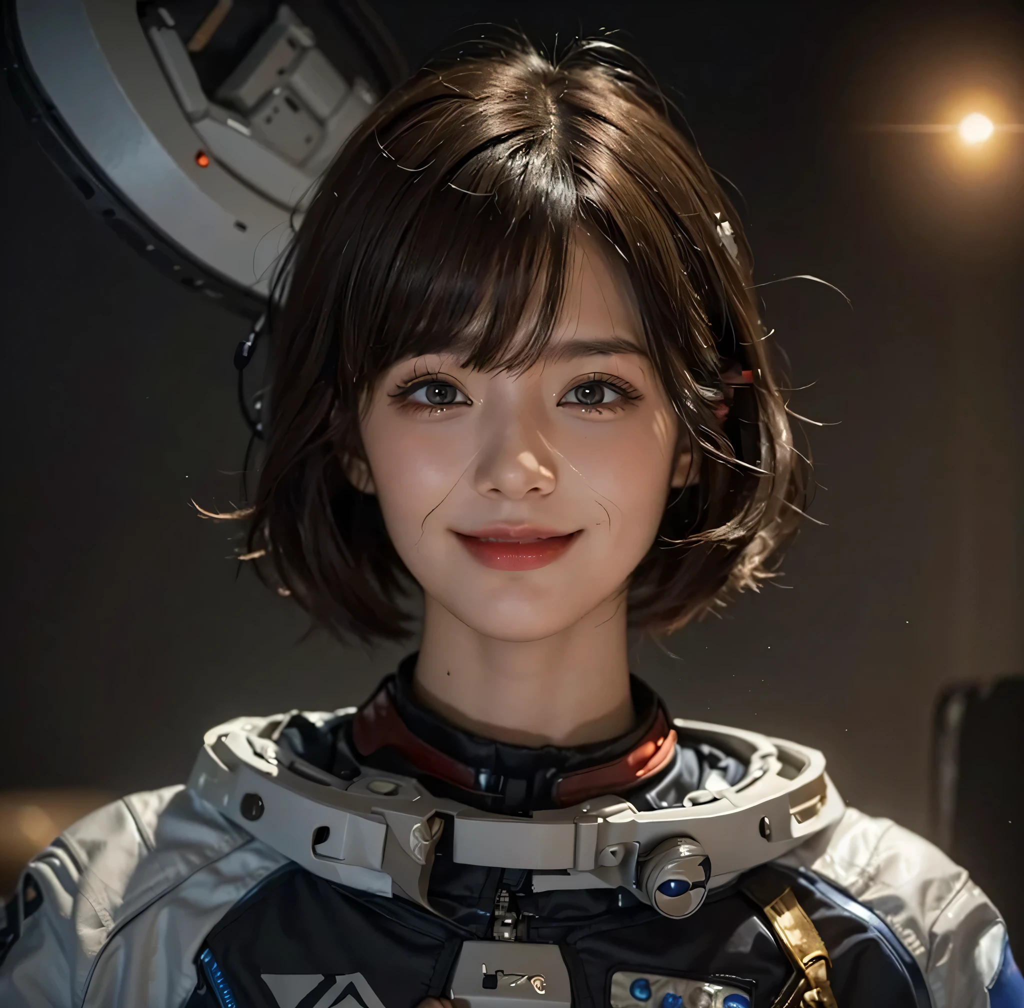 top-quality、masterpiece、超A high resolution、(realisitic:1.4)、Beautuful Women1、Beautiful detail eyes and skin、ssmile、Light brown short-cut hair、The perfect spacesuit、cosmic space、spaceships、santa hat、