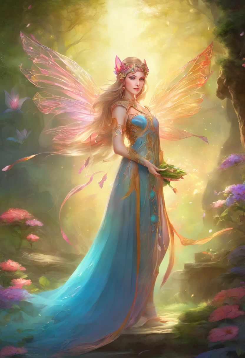 Characteristics of elves: transparent wings, pointed ears, fantasy art, exquisite and cute elf little girl, beautiful fantasy, magical mist and air, fantasy, exquisite sci-fi plants, colorful and fantasy flowers blooming in every corner，Like a beautiful picture，Film Master Artist Works Film Lighting Effects，4K, rich and colorful, contour、Art super detailed、Exquisite and beautiful、masterpiece、Quality content  very detailed、Dynamic angles and elegant atmosphere