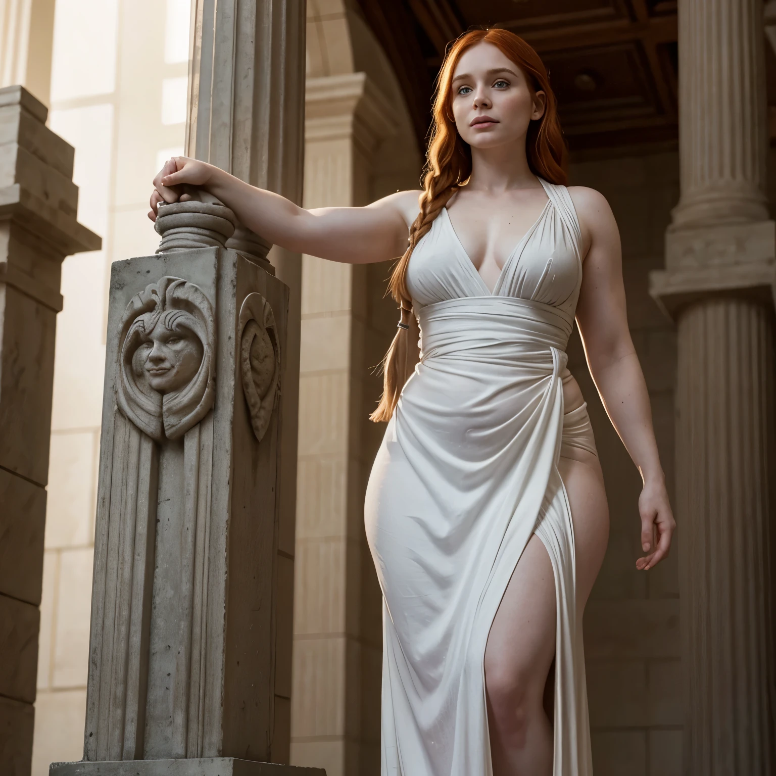 Naked pale skin Bryce Dallas Howard standing on top of a pedestal, long braided hair, curvy body, like a statue, white toga