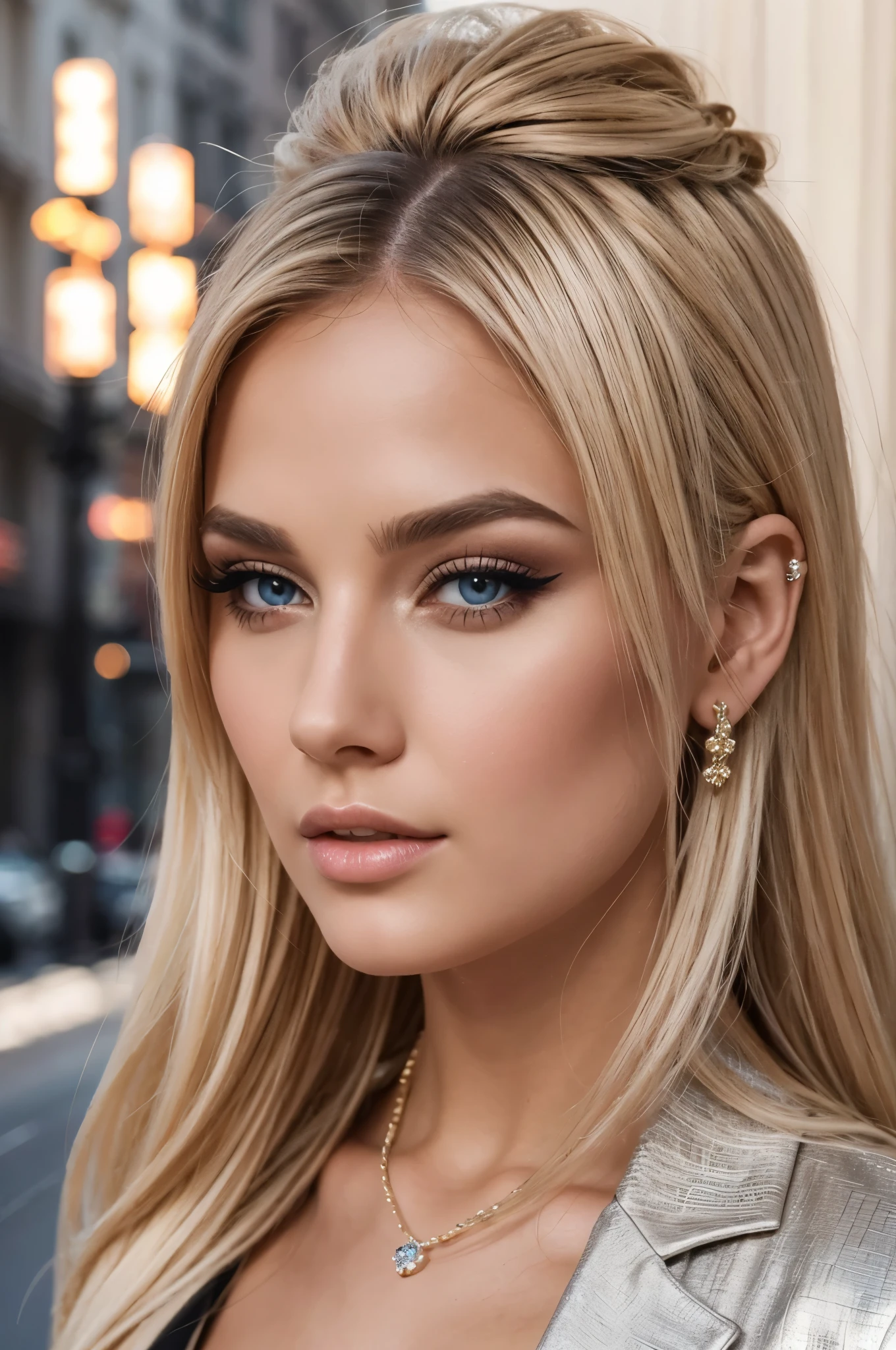influencer,blonde dressed in a suit,masterpiece:1.2,ultra-detailed,realistic:1.37,portraits,vivid colors,studio lighting,beautiful detailed eyes,beautiful detailed lips,highres,HDR,long eyelashes,fashion,confident,dynamic,striking pose,city backdrop,professional,fine tailoring,modern style,high fashion,stylish accessories,hairstyle perfect,glamorous makeup,expensive jewelry