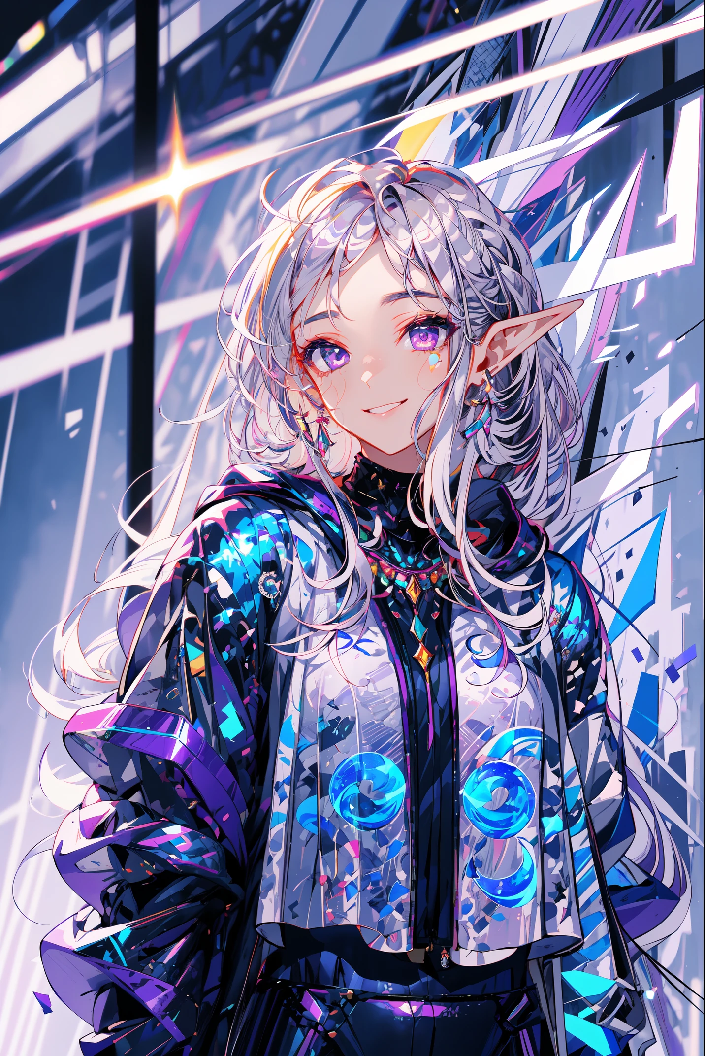 portrait of a dark elf, dark skin, medium length pointy ears, moonlight particals, moonlight aura,(shiny purple eyes:1.2), (silver flowing hair:1.3),light cold smile, cold face, sexy Romanian style costume,( silver jewelry), purple glowing tattoos, mature body,Detailed,Realistic,4k highly detail,by Mappa studios,masterpiece,best quality,official art,illustration,ligne claire,(cool_color),perfect composition,fantasy,focused,rule of third