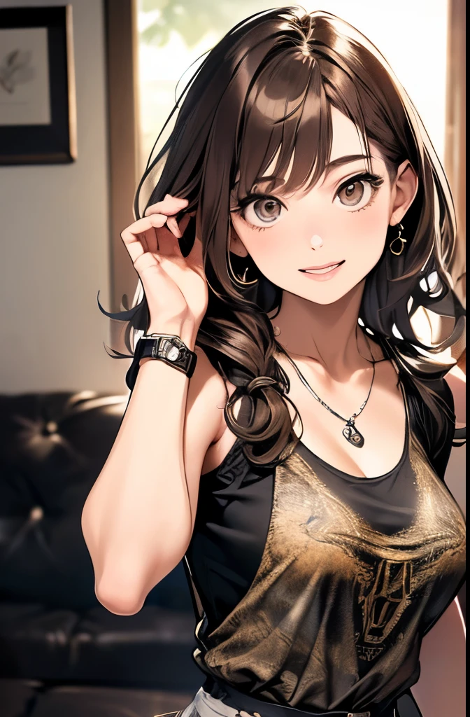 (masterpiece, best quality, ultra-detailed, highres, 4k),(beautiful detailed eyes),(very detailed face),(1girl),HDR,long hair, shorts, phone, brown eyes, brown hair, cellphone, bracelet, tank top, jewelry, watch, lips, solo focus, nail polish, blurry background, smile, wristwatch, realistic, blurry, looking at viewer