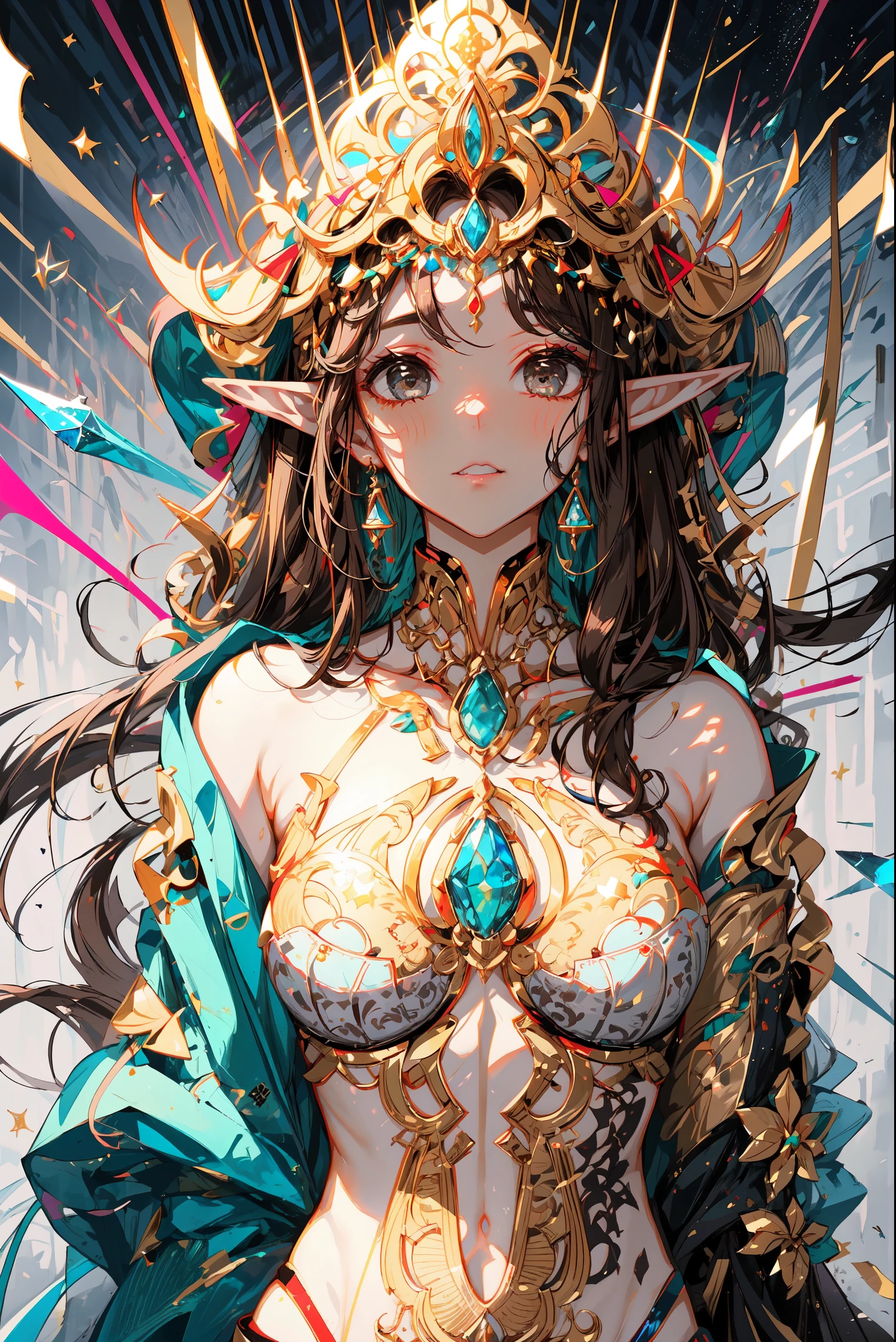 Image of an earth elf, (dark brown hair), caramel skin, a bit muscular, a crystal at the middle of the forehead, sexy indian style costume, earthy theme, (shiny gray eyes), earth block floating around, glowing golden tattoos, golden jewelry,by Mappa studios,masterpiece,best quality,official art,illustration,ligne claire,(cool_color),perfect composition,absurdres, fantasy,focused,rule of third