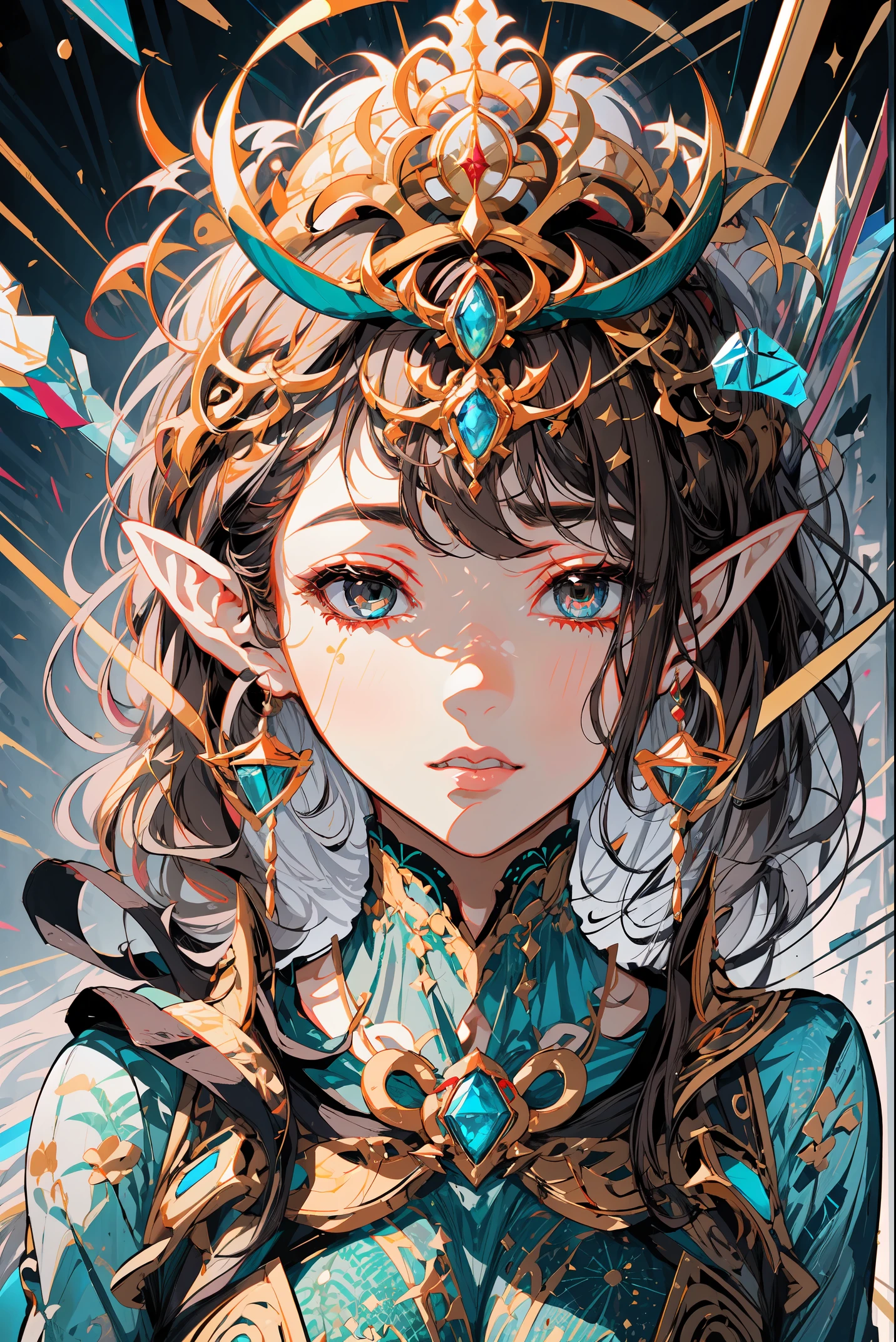 Image of an earth elf, (dark brown hair), caramel skin, a bit muscular, a crystal at the middle of the forehead, sexy indian style costume, earthy theme, (shiny gray eyes), earth block floating around, glowing golden tattoos, golden jewelry,by Mappa studios,masterpiece,best quality,official art,illustration,ligne claire,(cool_color),perfect composition,absurdres, fantasy,focused,rule of third