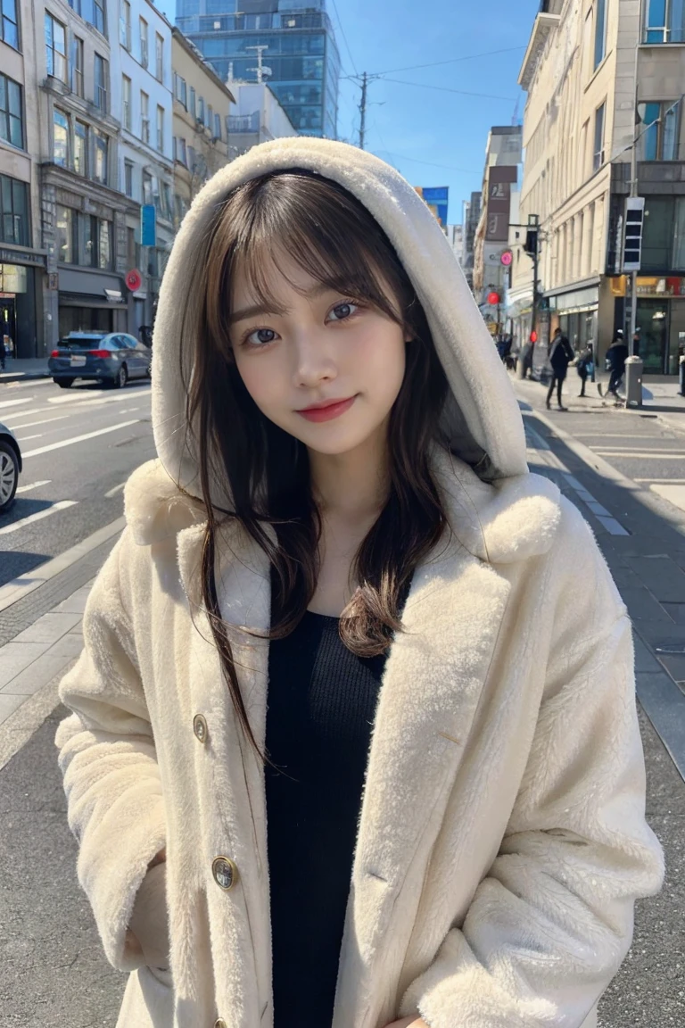 8K, highest quality, masterpiece, reality的な, ultra detail, photo reality的な, Improvement of quality, beautiful woman with perfect figure:1.4、short hair、fur coat、hood、inner knit dress、highly detailed face and skin、fine eyes、double eyelid、huge tit、smile、18-year-old、The whole body is reflected、city、winter、winter服、live action、reality、fashion、