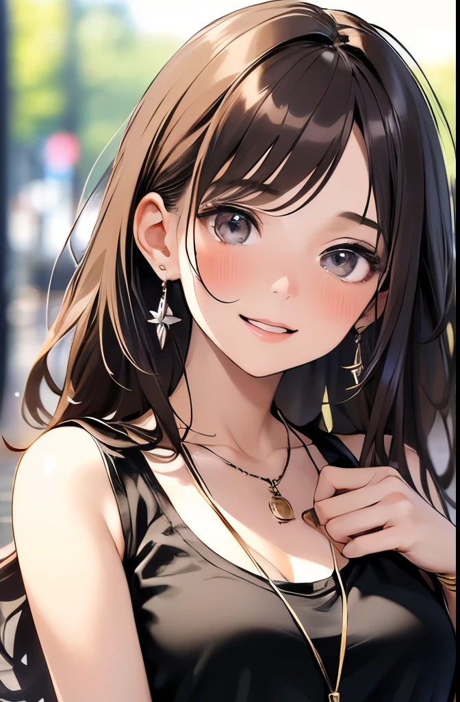 (masterpiece, best quality, ultra-detailed, highres, 4k),(beautiful detailed eyes),(very detailed face),(1girl),HDR,long hair, shorts, phone, brown eyes, brown hair, cellphone, bracelet, tank top, jewelry, watch, lips, solo focus, nail polish, blurry background, smile, wristwatch, realistic, blurry, looking at viewer