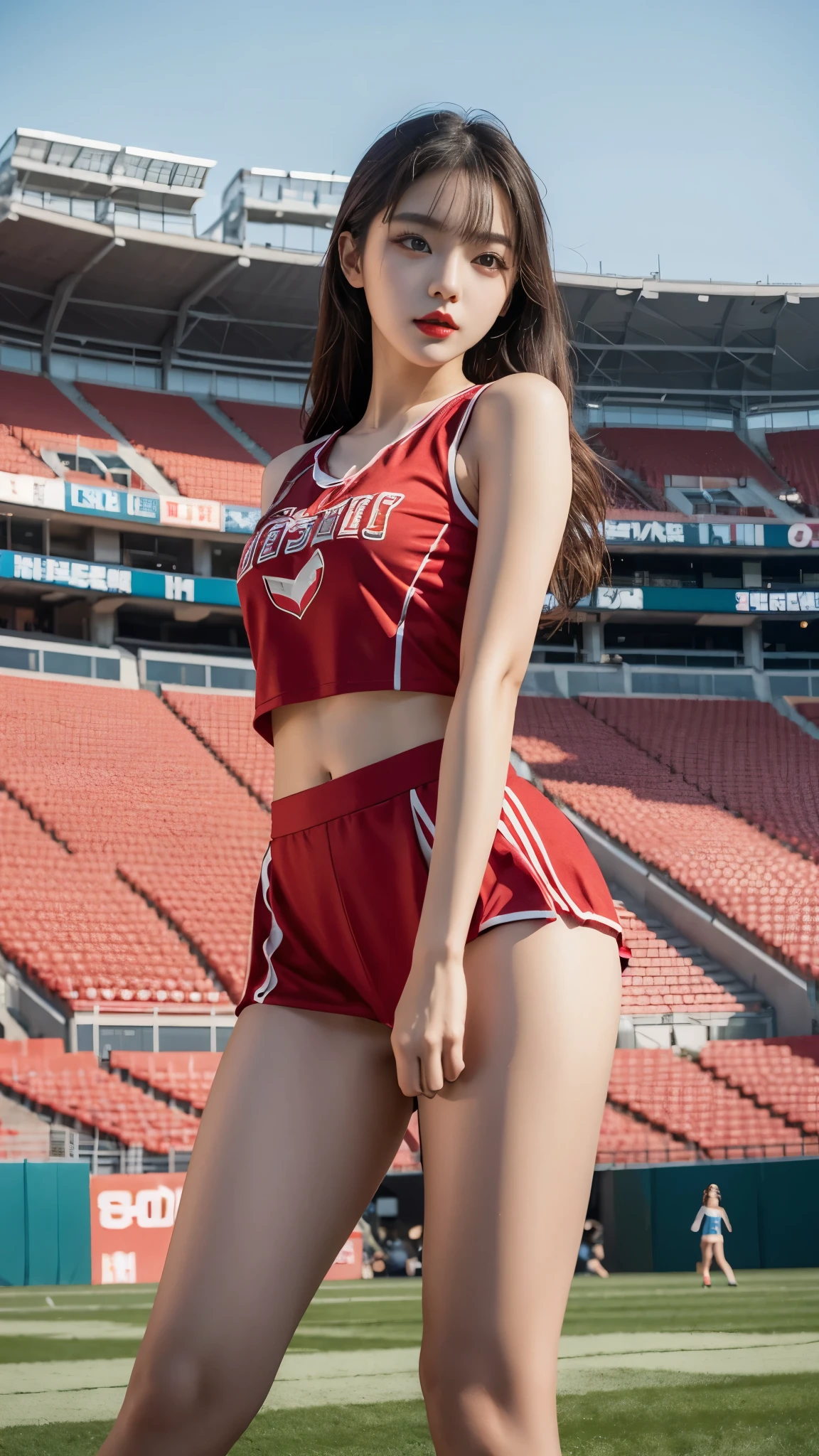 Beautiful girl, Korean makeup, Red lips, medium body, medium chest, femoral, cheerleader outfit, cổ vũ position, stadium landscape