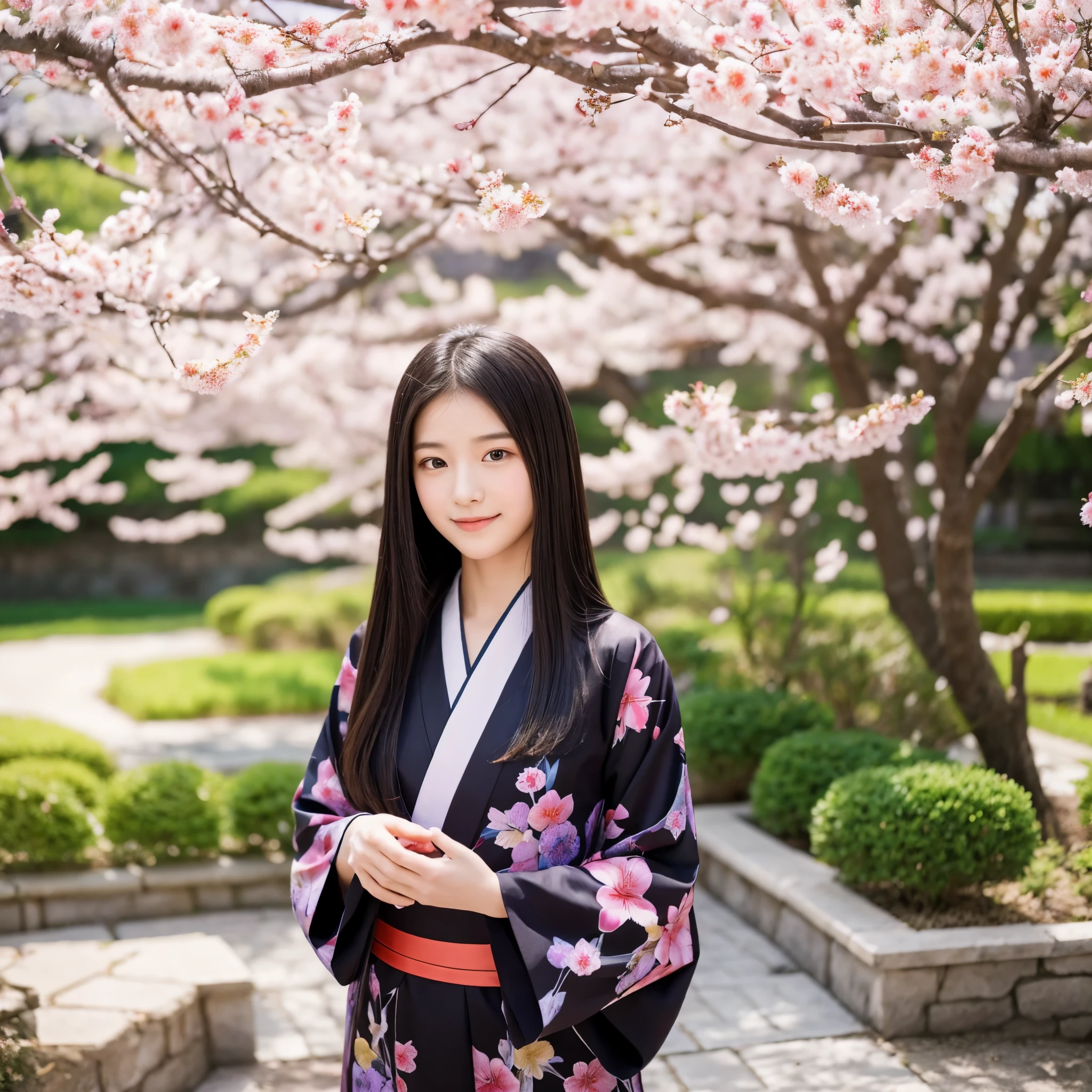 beautiful woman、************、black long hair、spring kimono、plum blossom garden