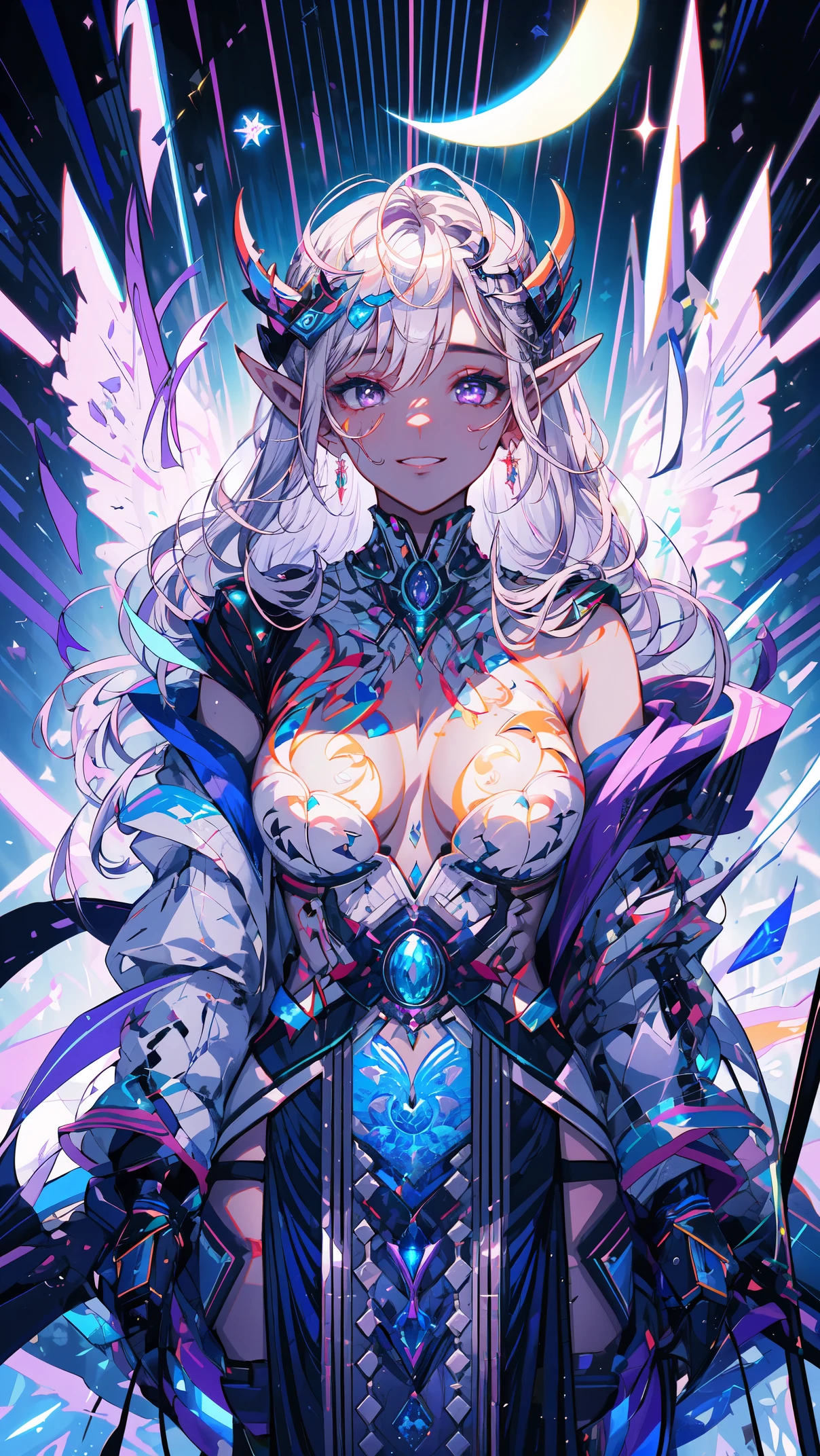 portrait of a dark elf, ((dark skin)), medium length pointy ears, moonlight particals, moonlight aura,(shiny purple eyes:1.2), (silver flowing hair:1.3),light cold smile, cold face, sexy Romanian style costume,( silver jewelry), purple glowing tattoos, mature body,Detailed,Realistic,4k highly detail,by Mappa studios,masterpiece,best quality,official art,illustration,ligne claire,(cool_color),perfect composition,fantasy,focused,rule of third