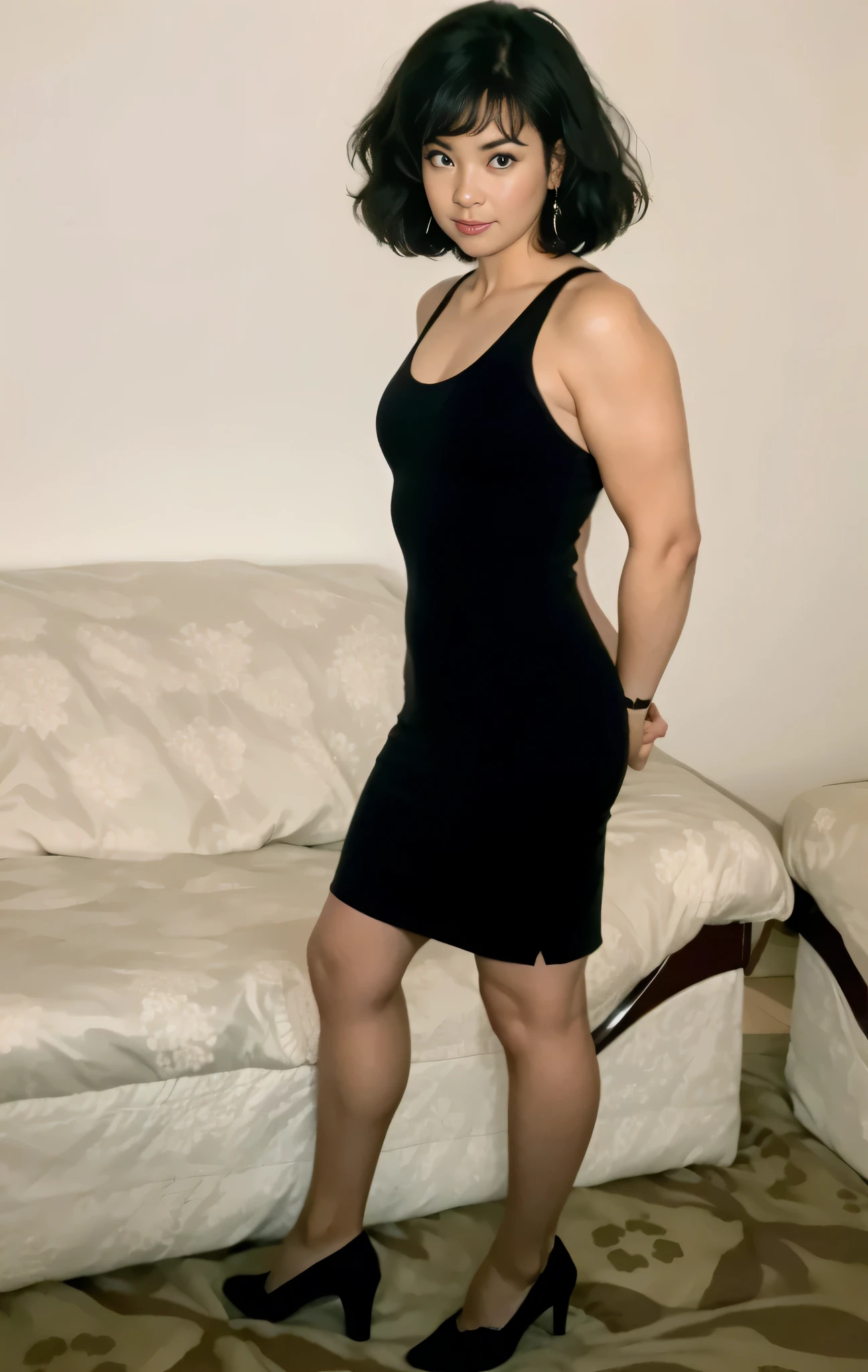 there is a woman in a black dress posing for a picture, usando um vestido preto justo, Usando um vestido preto, Usando um vestido preto, traje apertado, foto de perfil, usando meias. vista lateral, about 28 anos de idade, Tiro de corpo inteiro!!, (28 anos de idade), foto completa, foto de corpo inteiro, mulher na casa dos 30 anos, enquanto posa na mesma cama, (30 anos de idade),, em cima da cama, alta qualidade , high resolution, obra de arte, 8k.