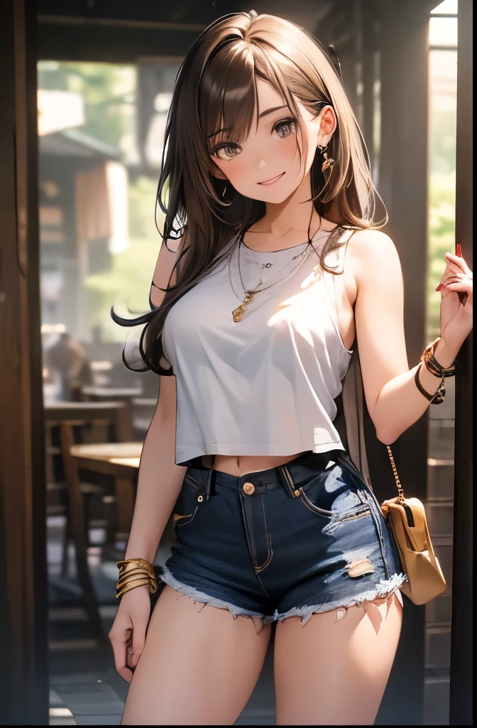 (masterpiece, best quality, ultra-detailed, highres, 4k),(beautiful detailed eyes),(very detailed face),(1girl),HDR,long hair, shorts, phone, brown eyes, brown hair, cellphone, bracelet, tank top, jewelry, watch, lips, solo focus, nail polish, blurry background, smile, wristwatch, realistic, blurry, looking at viewer