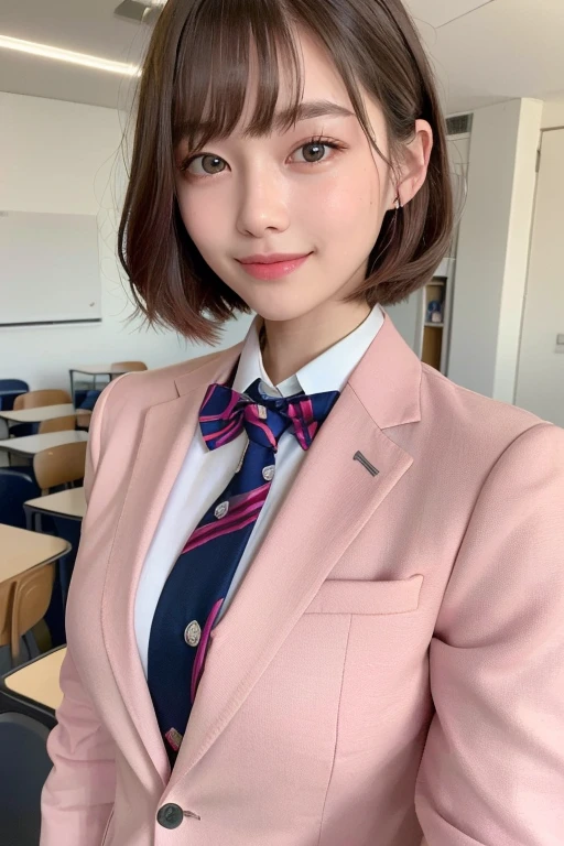 ((highest quality, 8K, masterpiece:1.3)), 1 girl, slim, (hairstyle casual, big:1.2), (pink y-shirt, red tie, dark blue blazer:1.2), super slender face, delicate eyes, double eyelid, smile, (classroom:1.0)