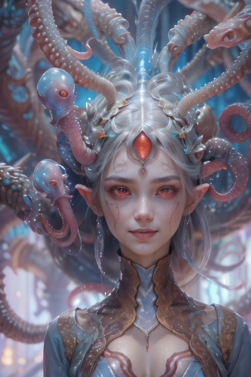 scary and sexy detailed art in color, Portrait, (beautiful and obscene female alien:1.4), (vulgarity1.5), (she has red eyes with no pupils:1.8), (Translucent skin:1.7), ((There is a female genital-like organ in the middle of the forehead:1.9)), (The most beautiful face in the history of the universe:1.2),an evil gaze that seduces, (large mouth:1.1), (sharp teeth like a vampire:1.2), Full body portrait, (bio luminescent:1.5), (Smile wickedly:1.3), (sexypose:1.5), incredibly beautiful alien, (she has unparalleled beauty:1.5), No humans, cells are fused, (Lots of translucent tentacles:1.3) extraterrestrial, cell, bio image, best quality, 8K,In 4K_quality, High freshness, Dramatic Lighting, masutepiece:1.5,cinematic quality, detail up, (exquisite details:1.2), high resolution, High freshness, drawing faithfully, (Thick eyebrows:1.2), Beautiful eyes with fine symmetry,(Highly detailed face and eyes:1.2), Intimate face, (Super detailed skin quality feeling:1.4), perfect anatomy, (Beautiful toned body:1.5), (Moist skin:1.2), not wearing makeup, (dark circles:1.1), long canines, cinematic drawing of characters, ultra high quality model, cinematic quality, detail up, (exquisite details:1.2), high resolution, High freshness, drawing faithfully, official art, Unity 8K Wall , 8K Portrait, best quality, Very high resolution, ultra detailed artistic photography, midnight aura, unreal engine 5, Ultra Sharp Focus, art by Amano Yoshitaka, ArtGerm, Roisch, intricate artwork, best quality, masterpiece, ultra high resolution, (photos realistic:1.4), ultra realistic realism, dream-like, nautilus, Creation of fantasy, Snail, Dream Snail, (biopunk nautilus:1.3),Thrilling color schemes, ultra realistic realism, seductively smiling, (white tentacles with blue stripes:1.4), subtle emerald accents, (facial expression of ecstasy:1.4)