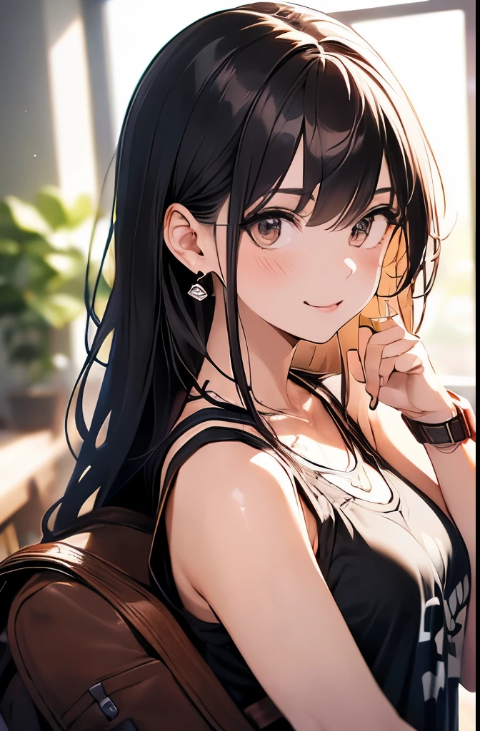 (masterpiece, best quality, ultra-detailed, highres, 4k),(beautiful detailed eyes),(very detailed face),(1girl),HDR,long hair, shorts, phone, brown eyes, brown hair, cellphone, bracelet, tank top, jewelry, watch, lips, solo focus, nail polish, blurry background, smile, wristwatch, realistic, blurry, looking at viewer